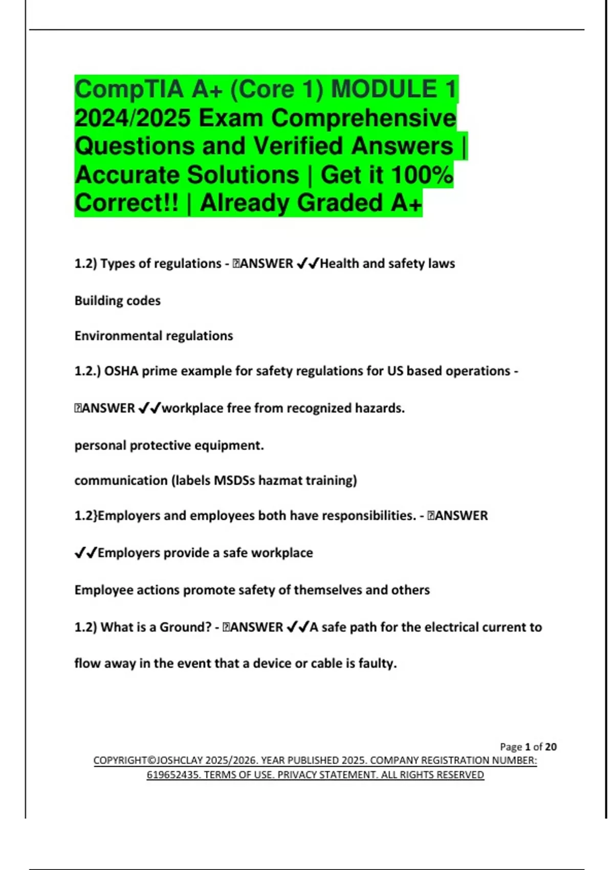 CompTIA A+ (Core 1) MODULE 1 2024/2025 Exam Comprehensive Questions and ...