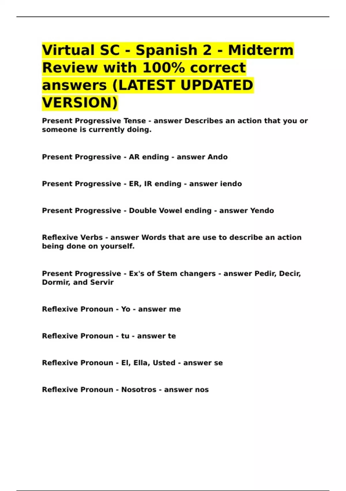 Virtual Sc Course Virtual SC - Spanish 2 - Midterm Review with 100- correct answers ...
