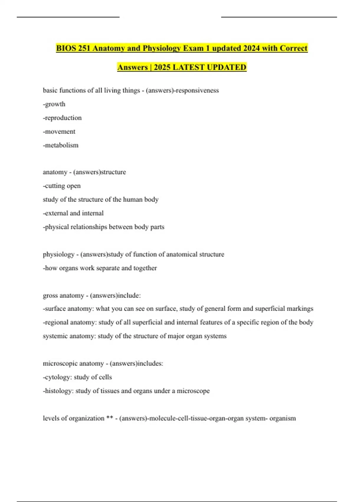 BIOS 251 Anatomy and Physiology Exam 1 updated 2024 with Correct ...