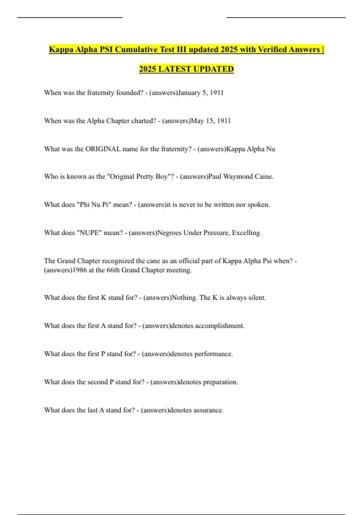 Kappa Alpha PSI Cumulative Test III updated 2025 with Verified Answers ...