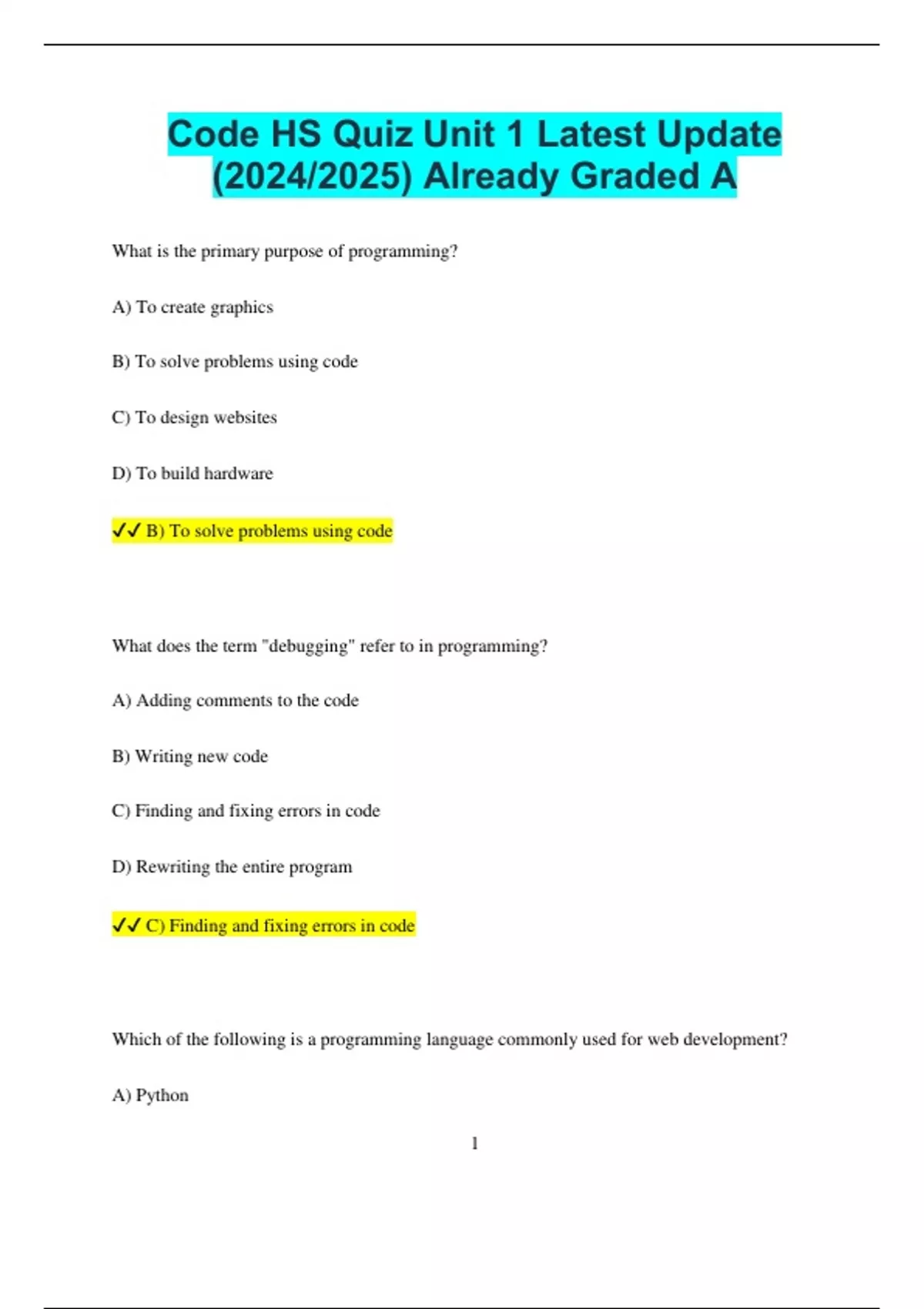 Code HS Quiz Unit 1 Latest Update (2024/2025) Already Graded A - Code ...