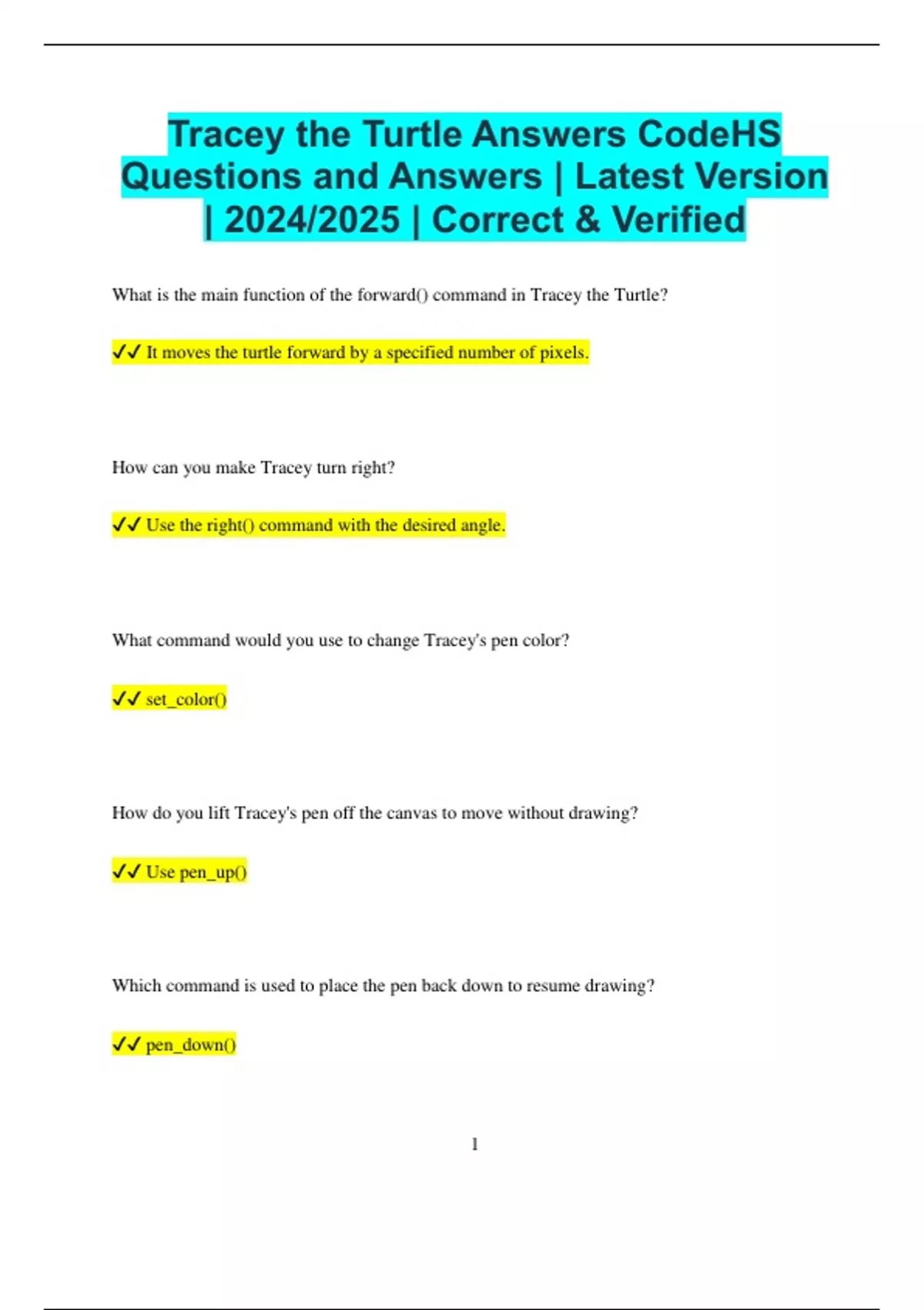 Tracey the Turtle Answers CodeHS Questions and Answers Latest Version