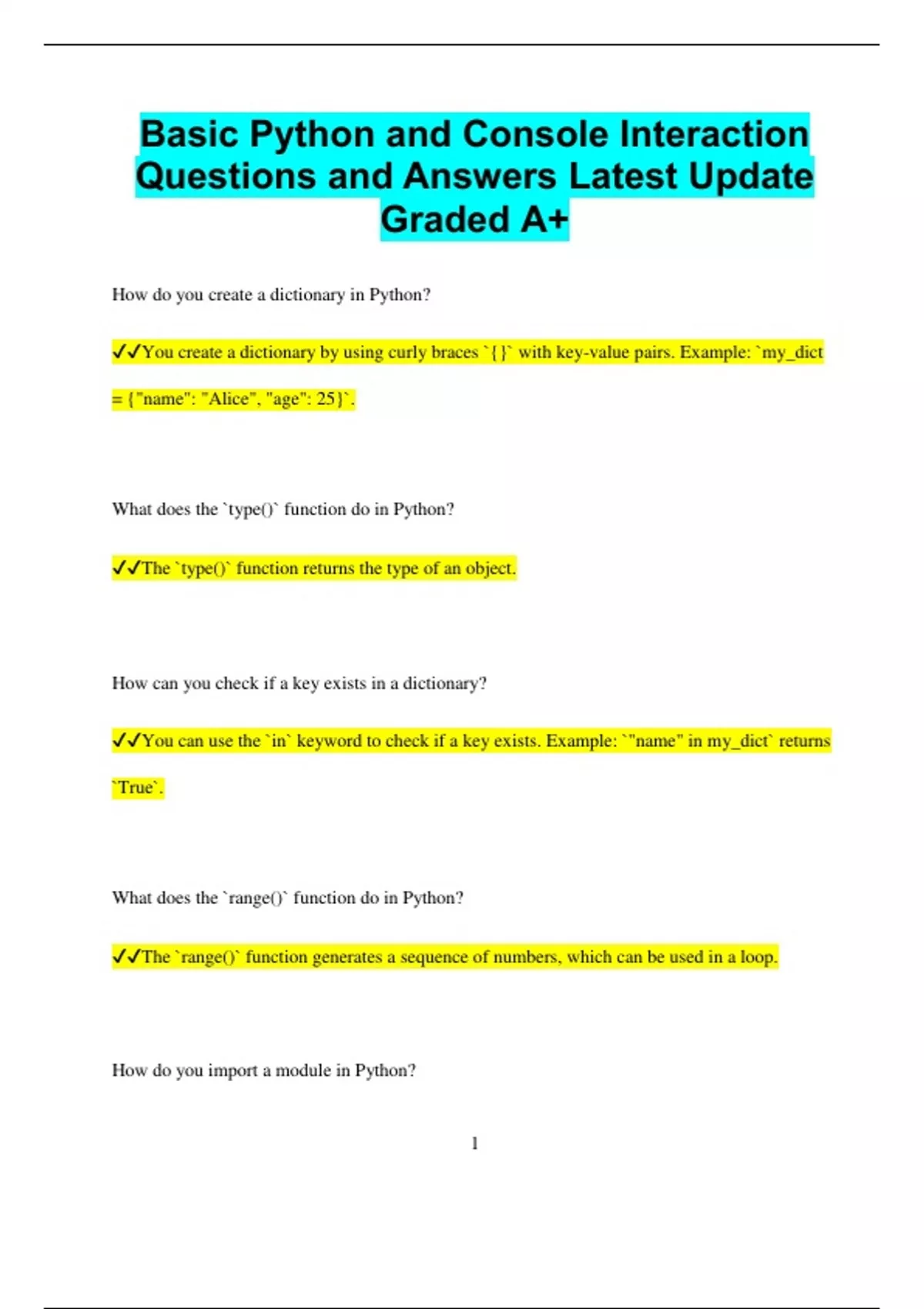 Basic Python and Console Interaction Questions and Answers Latest ...