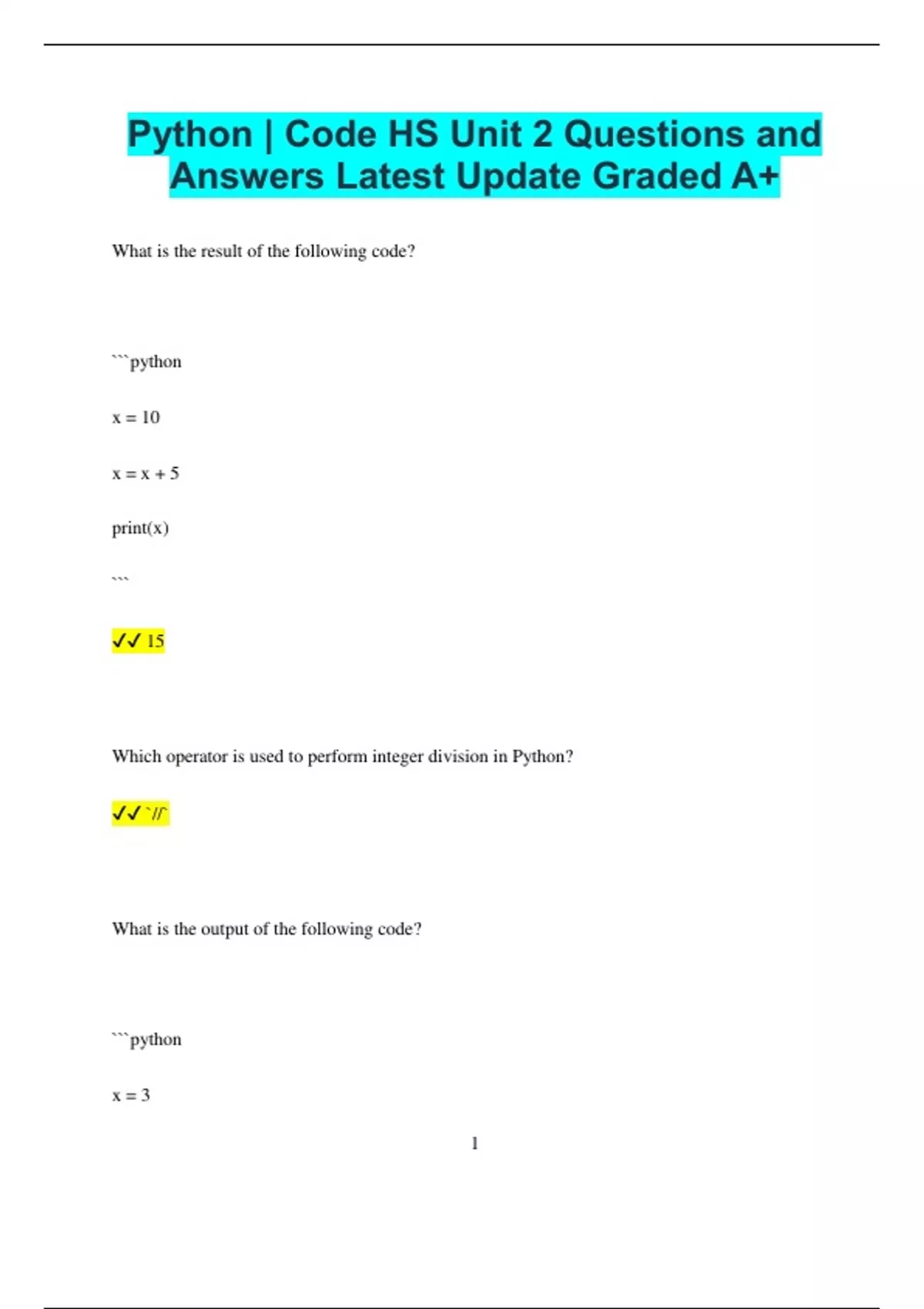 Python | Code HS Unit 2 Questions and Answers Latest Update Graded A+ ...