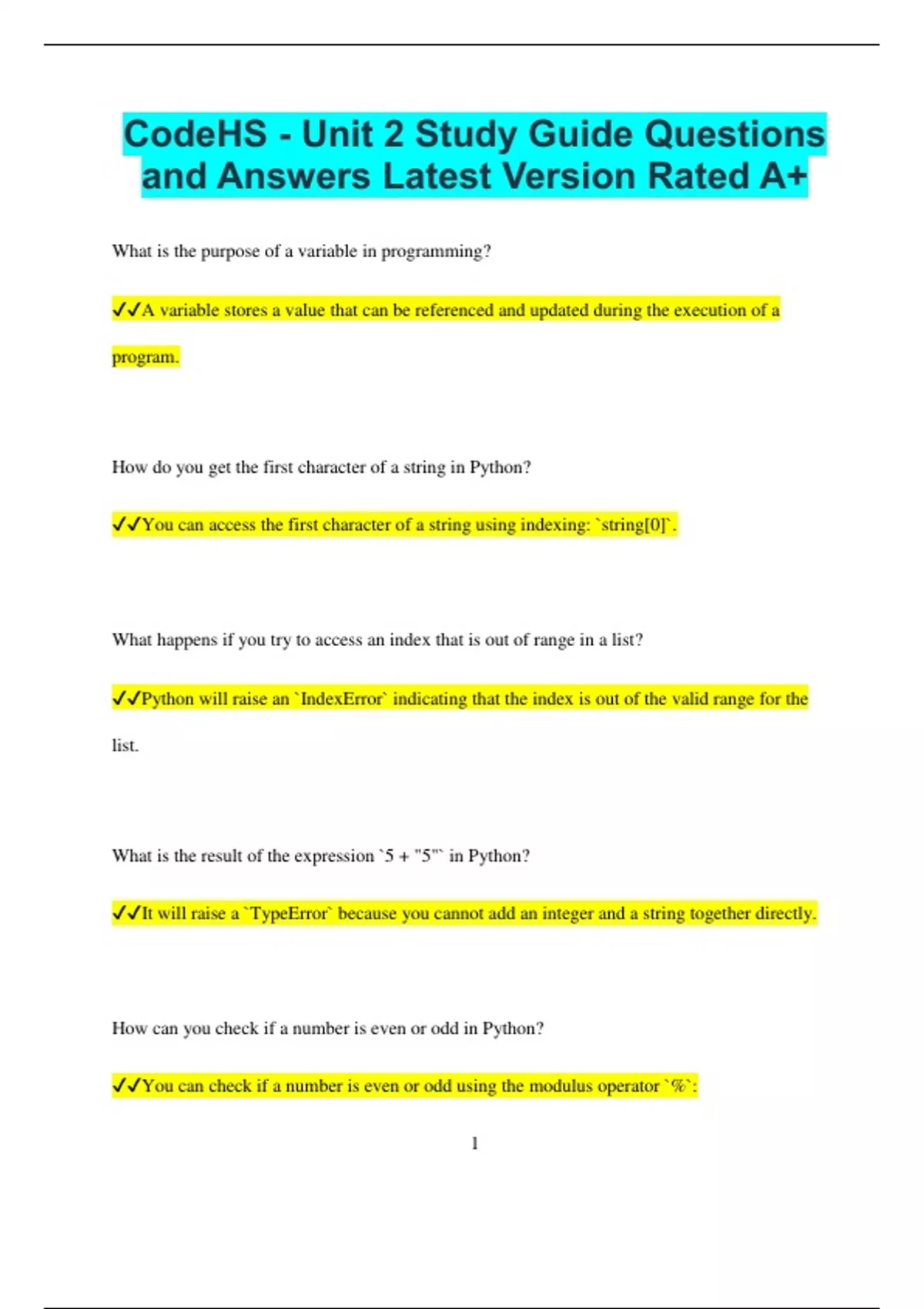CodeHS - Unit 2 Study Guide Questions and Answers Latest Version Rated ...