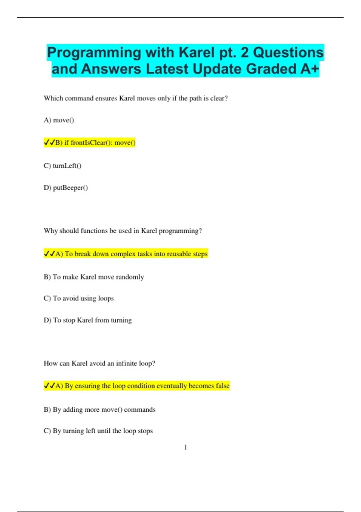 Programming with Karel pt. 2 Questions and Answers Latest Update Graded ...