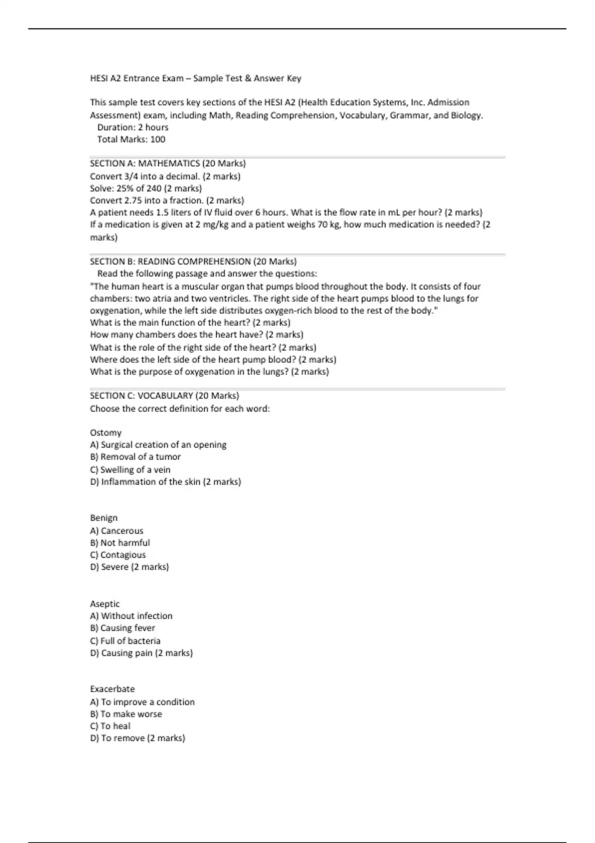 HESI A2 Entrance Exam – Practice Test &amp; Answer Key - HESI A2 Entrance ...