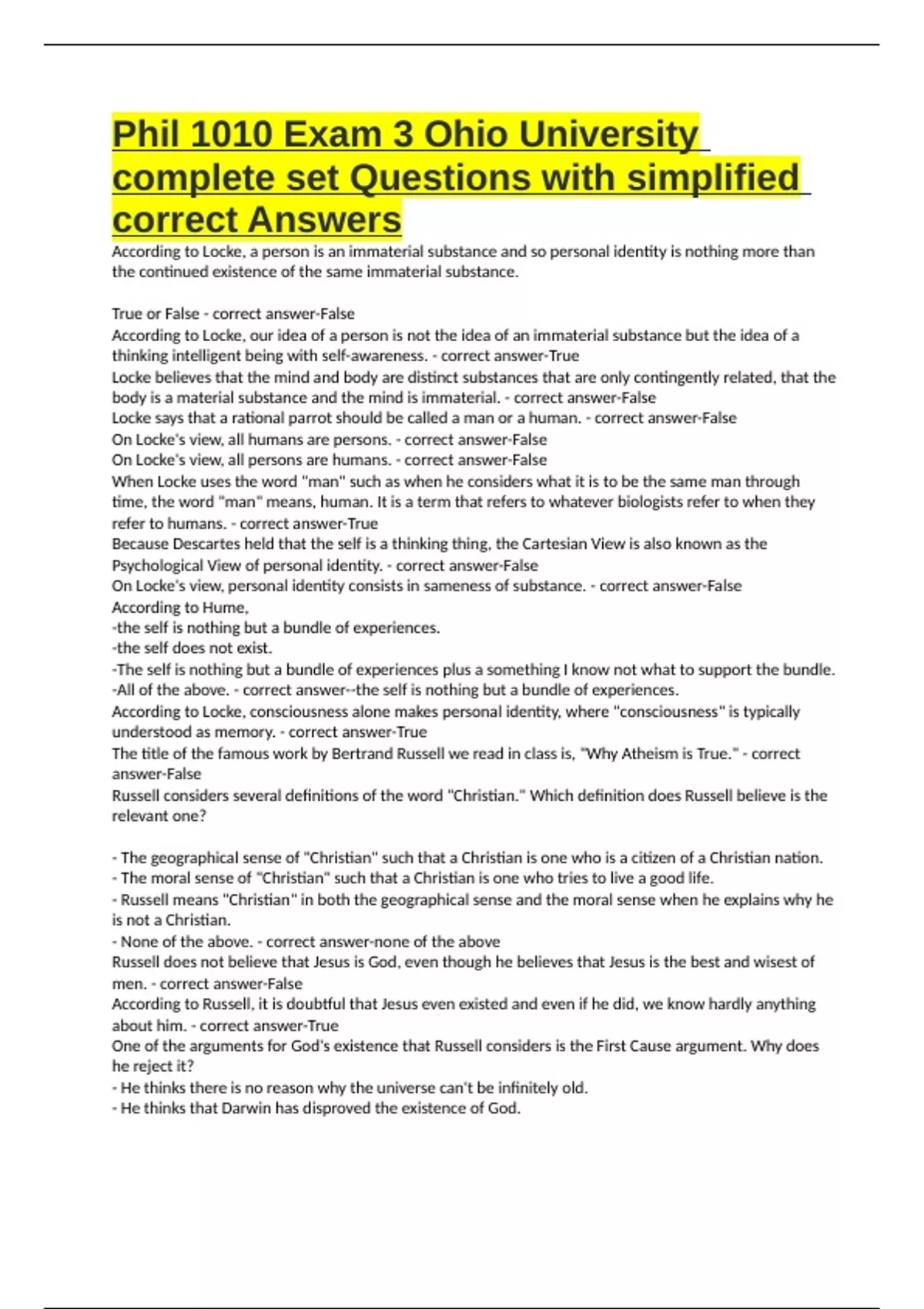 Phil 1010 Exam 3 Ohio University complete set Questions with simplified ...