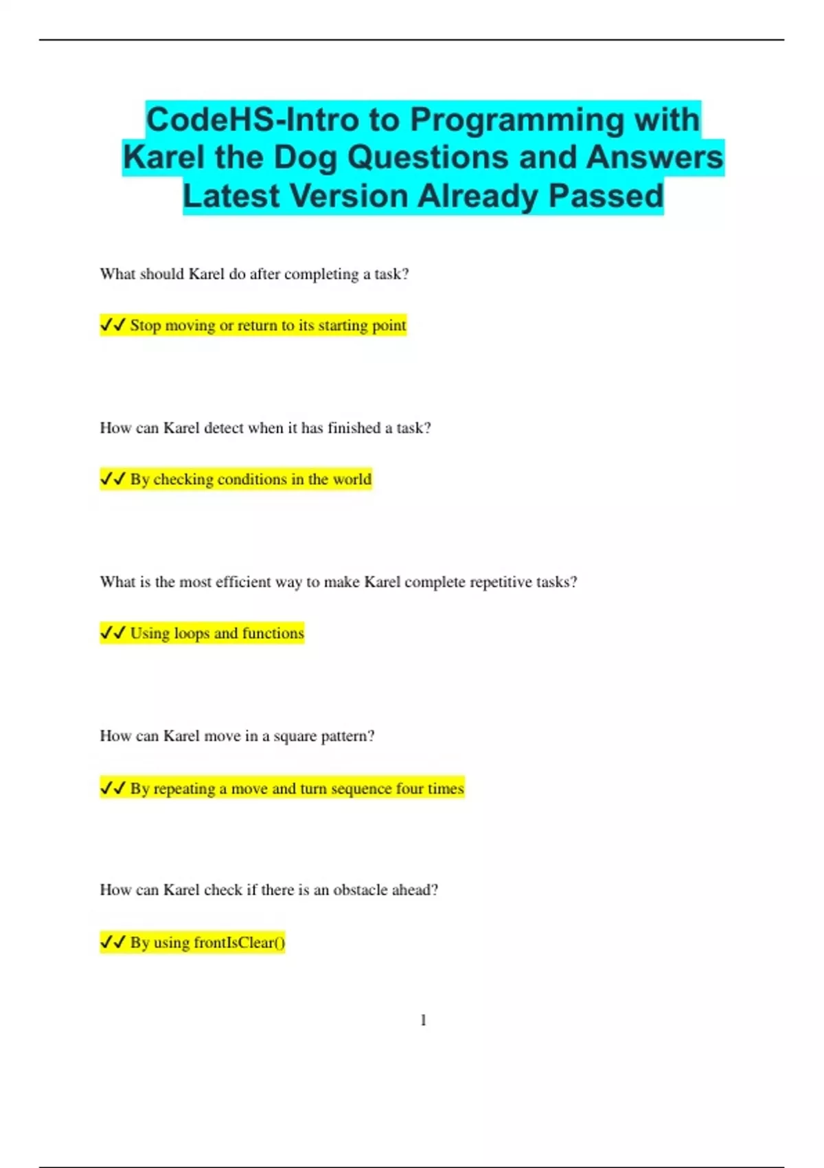 CodeHS-Intro to Programming with Karel the Dog Questions and Answers ...