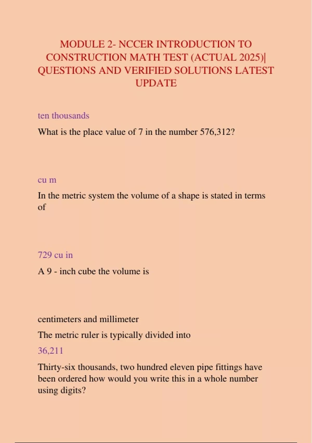 MODULE 2- NCCER INTRODUCTION TO CONSTRUCTION MATH TEST (ACTUAL 2025 ...