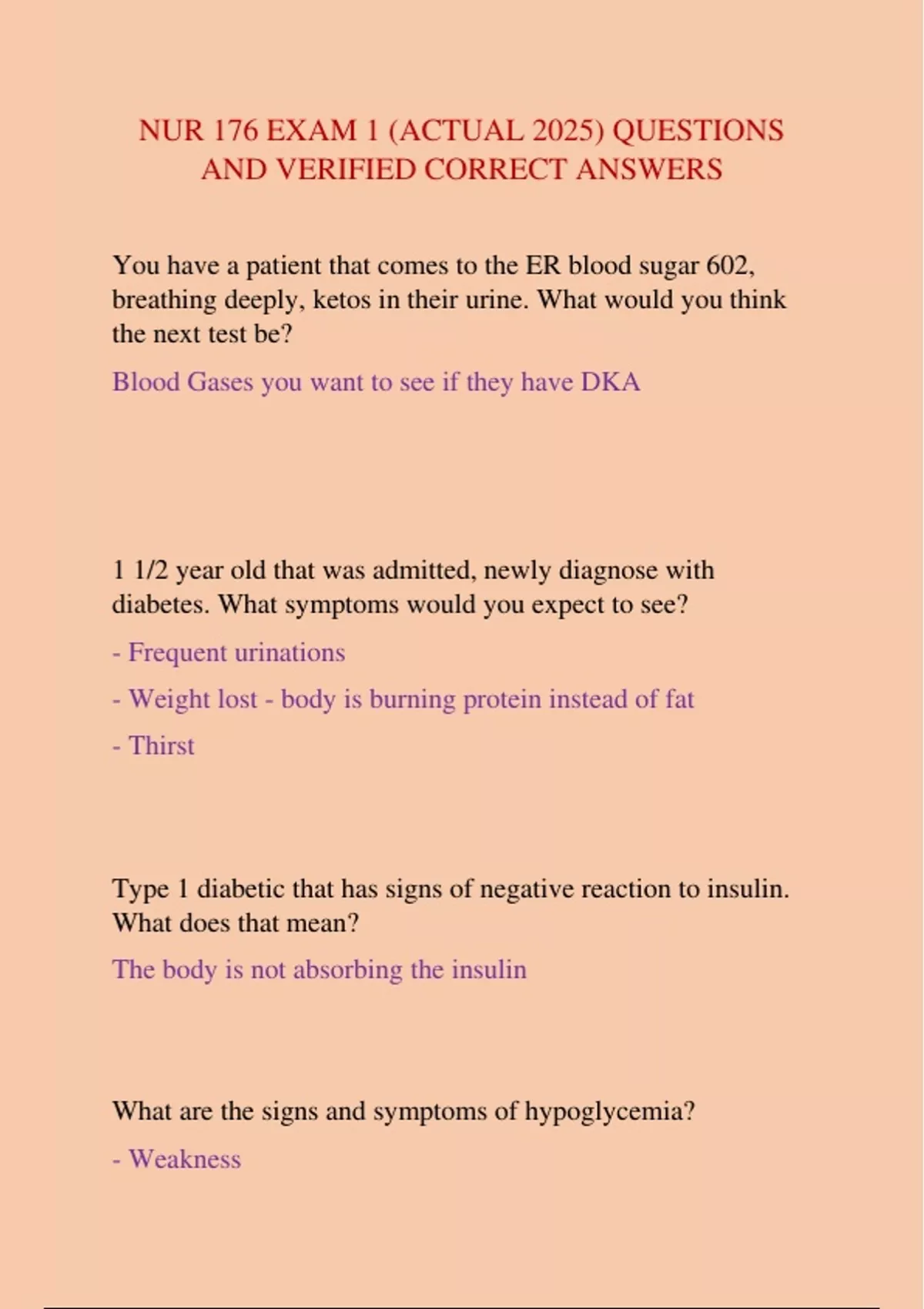 NUR 176 EXAM 1 (ACTUAL 2025) QUESTIONS AND VERIFIED CORRECT ANSWERS ...