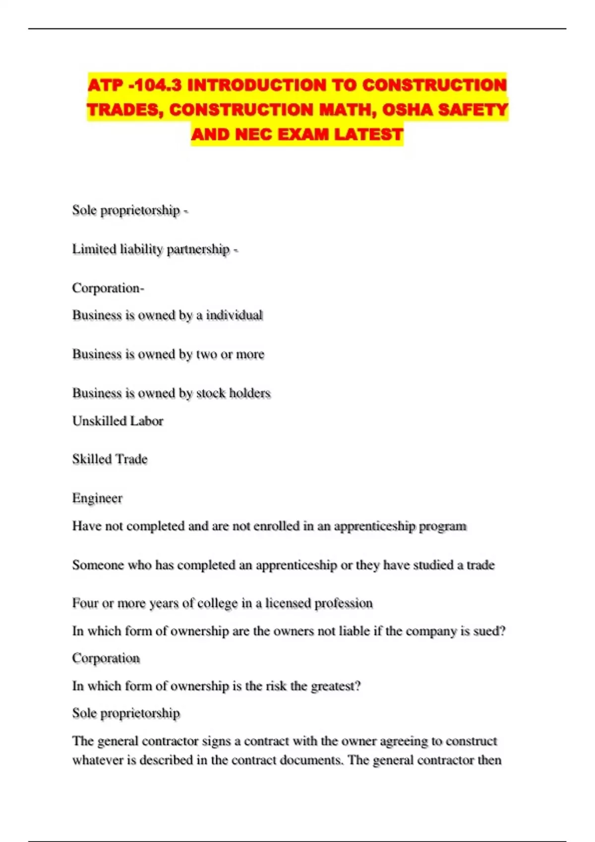 ATP -104.3 INTRODUCTION TO CONSTRUCTION TRADES, CONSTRUCTION MATH, OSHA ...