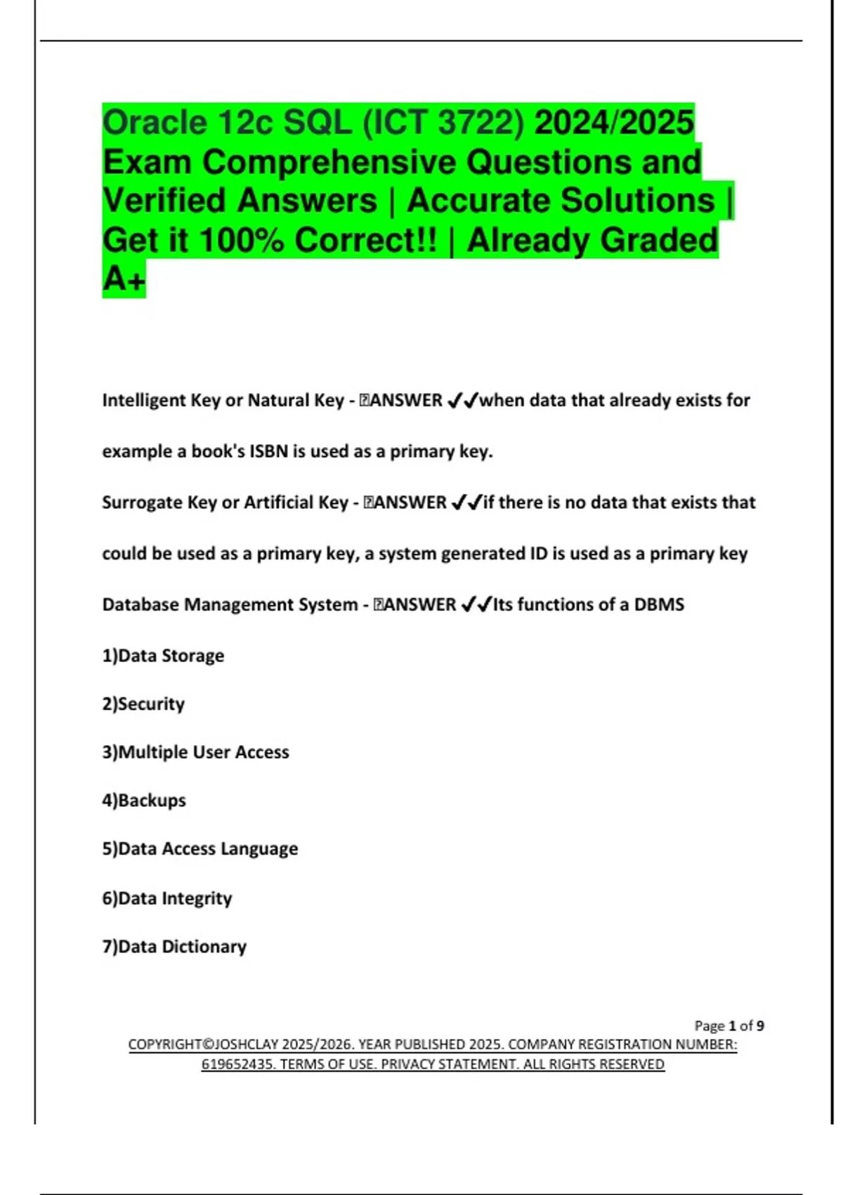 Oracle 12c SQL (ICT 3722) 2024/2025 Exam Comprehensive Questions and ...