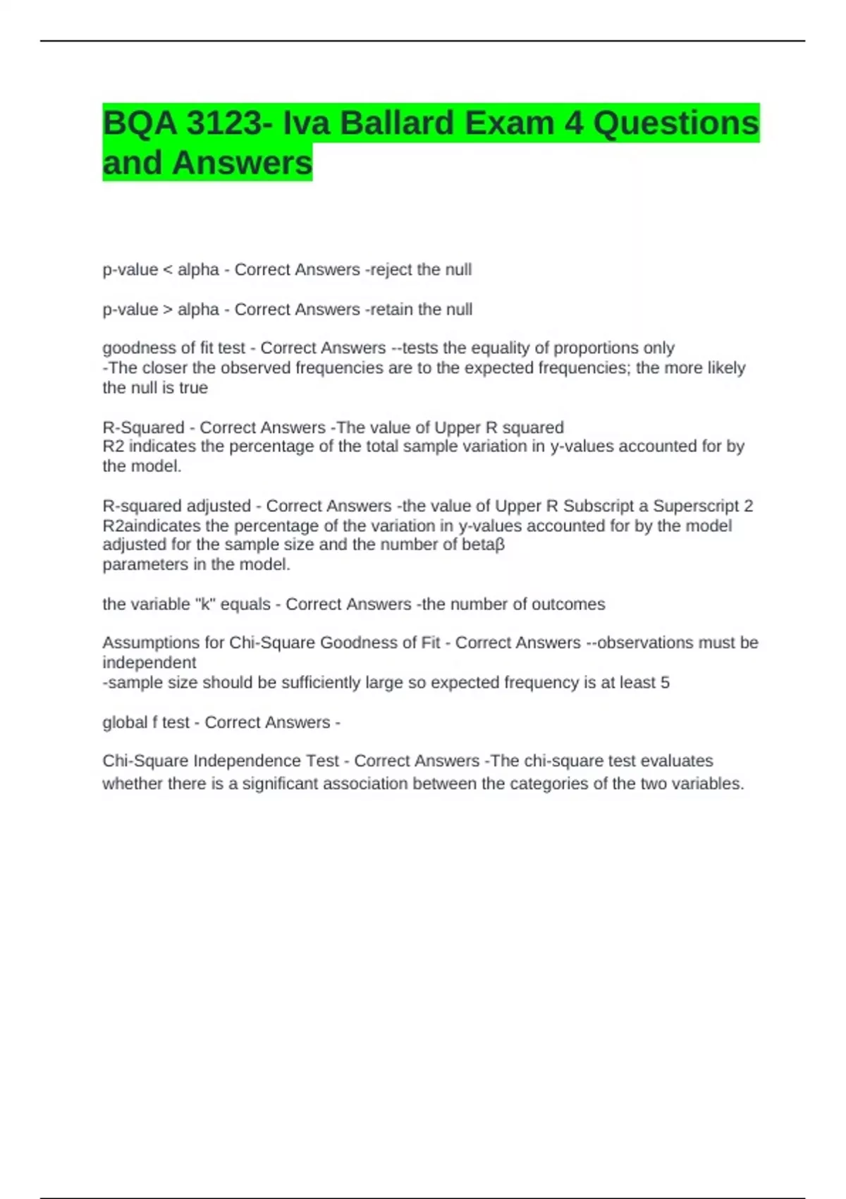 BQA 3123- Iva Ballard Exam 4 Questions and Answers - BQA - Stuvia US