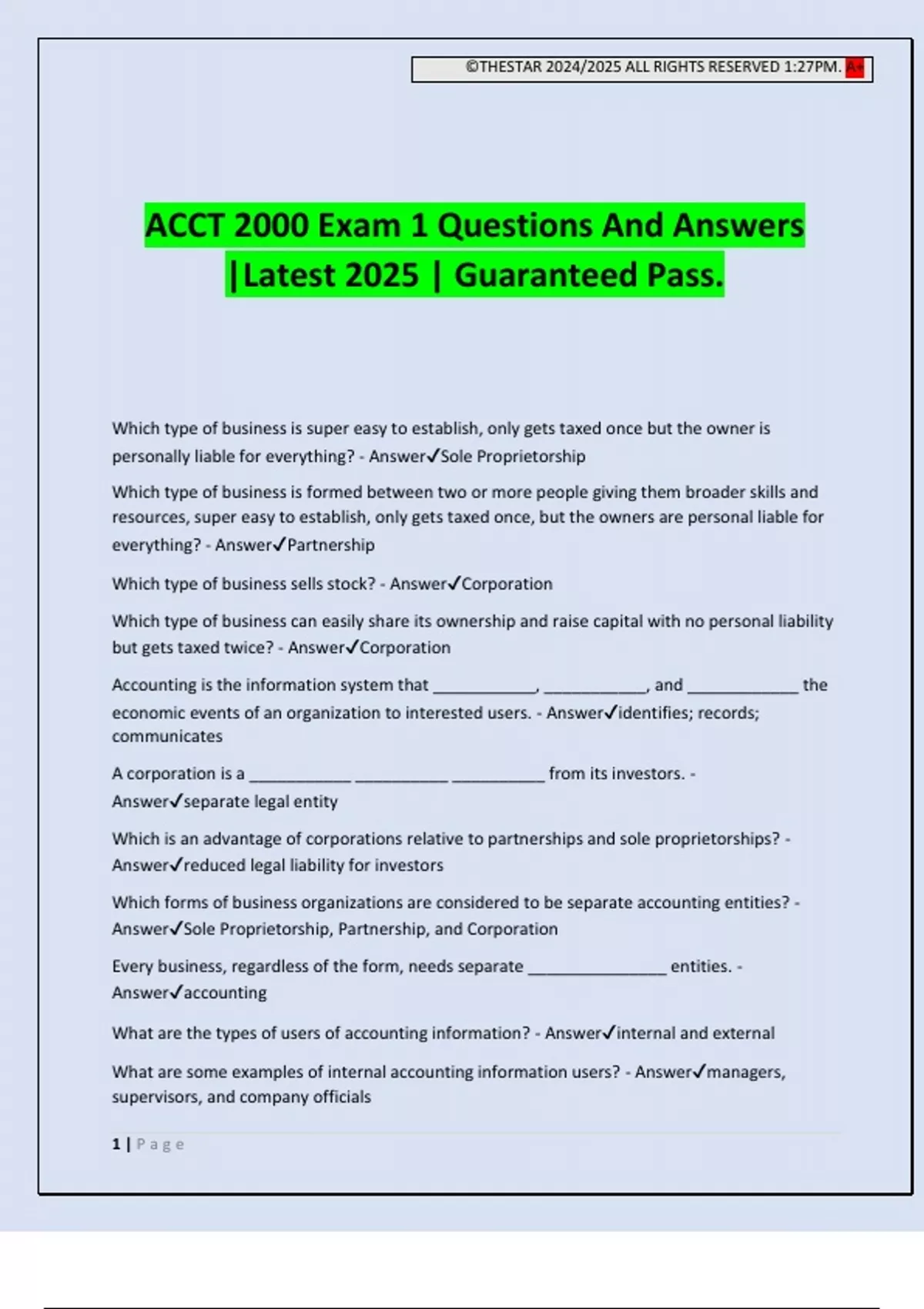ACCT 2000 Exam 1 Questions And Answers |Latest 2025 | Guaranteed Pass ...