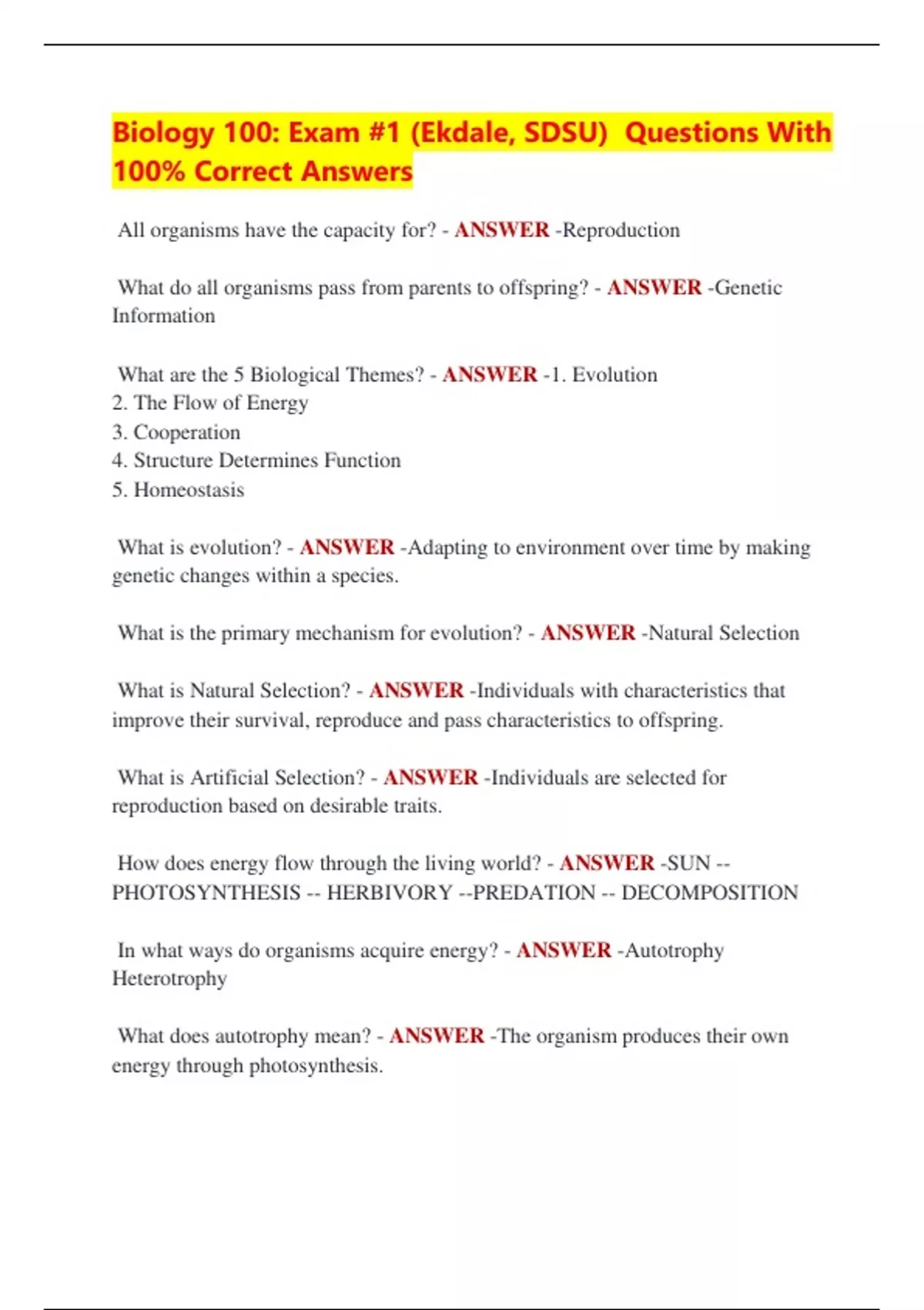 Biology 100: Exam #1 (Ekdale, SDSU) Questions With 100% Correct Answers ...