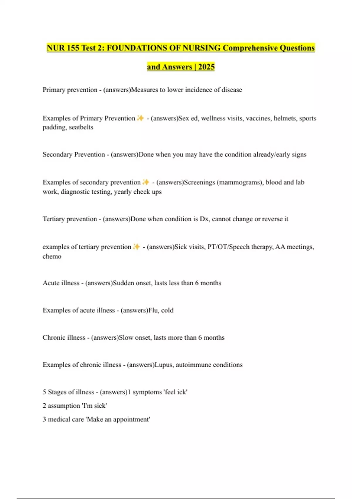 NUR 155 Test 2: FOUNDATIONS OF NURSING Comprehensive Questions and ...