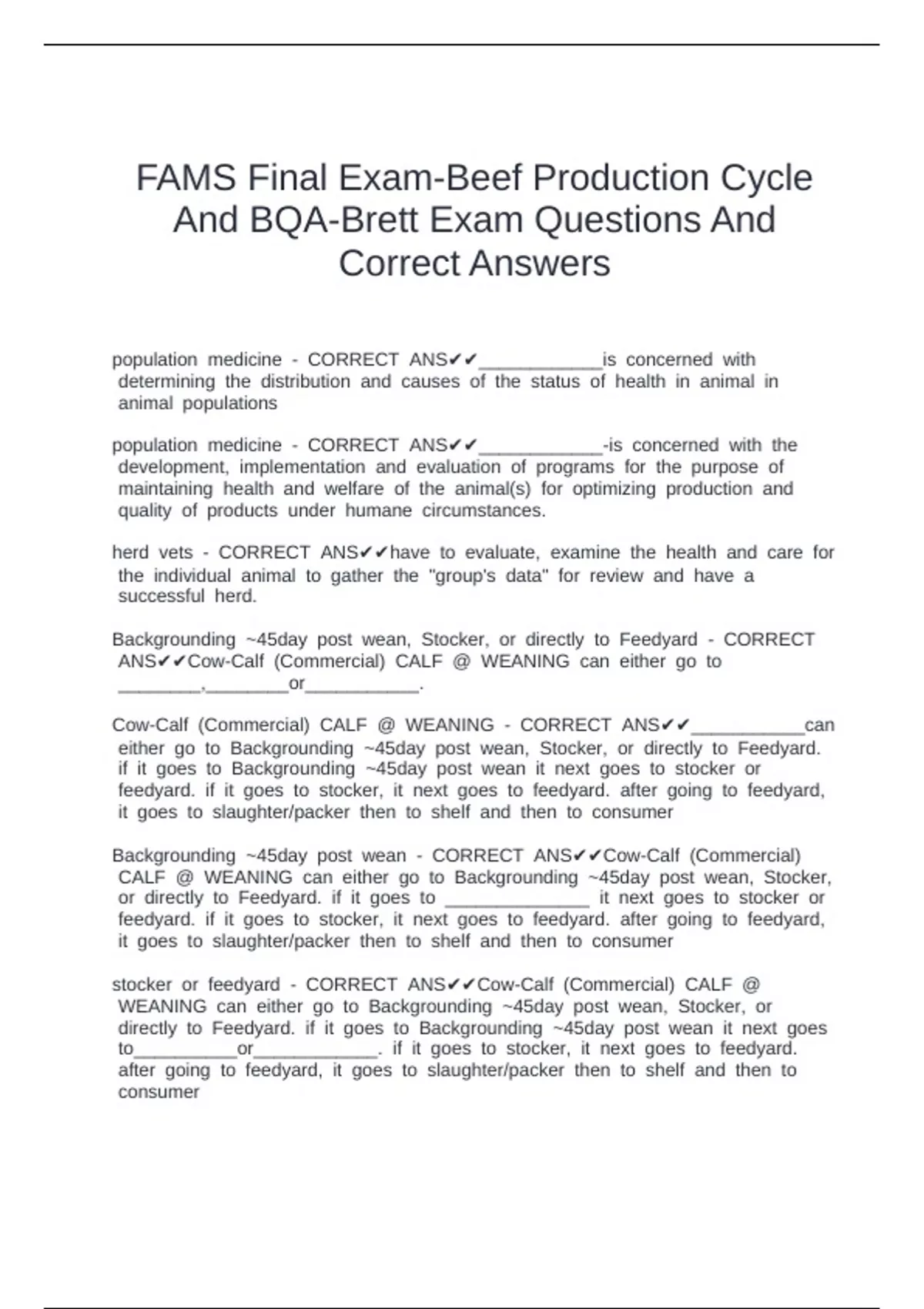 FAMS Final Exam-Beef Production Cycle And BQA-Brett Exam Questions And ...