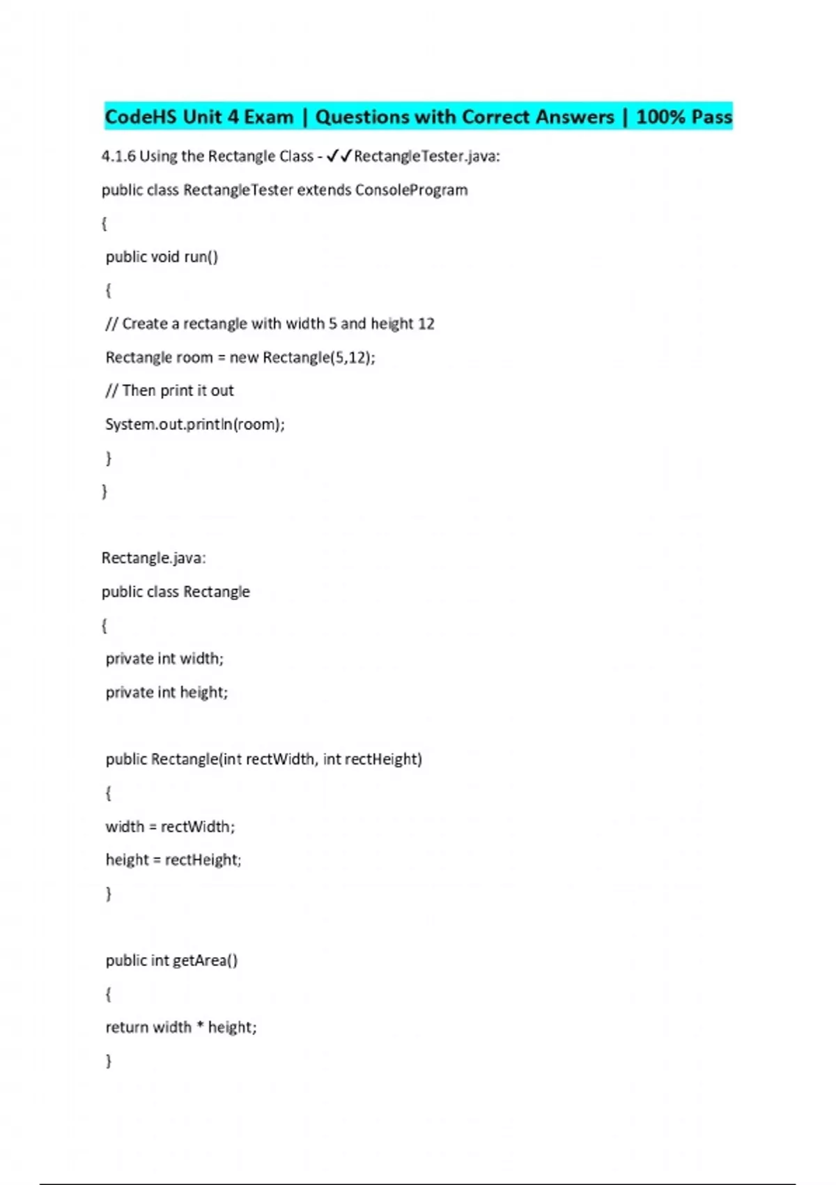 CodeHS Unit 4 Exam | Questions with Correct Answers | 100% Pass - CODE ...