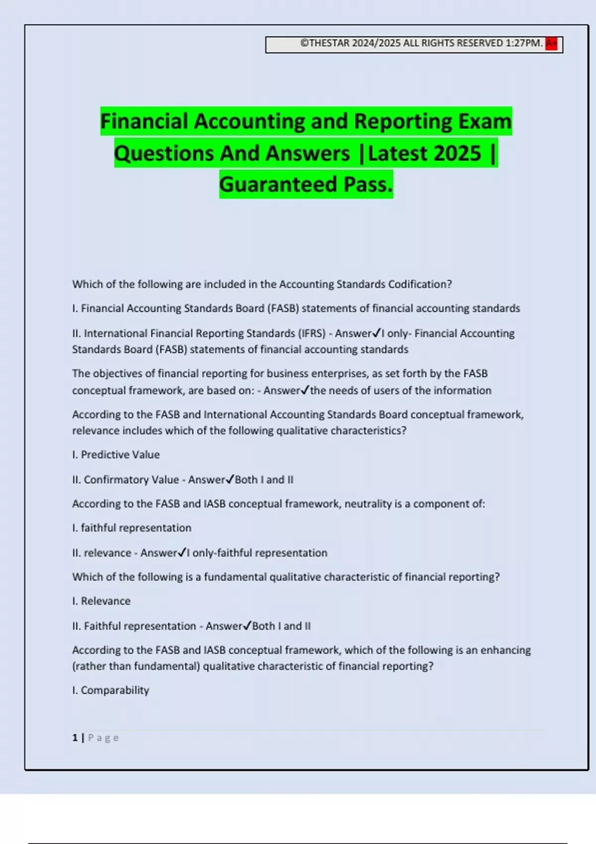 Financial Accounting and Reporting Exam Questions And Answers |Latest ...