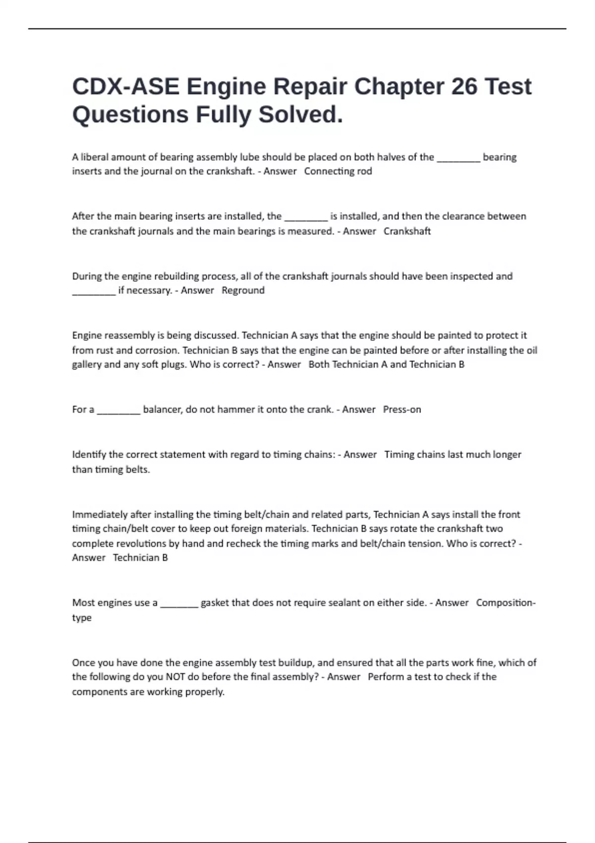 CDX-ASE Engine Repair Chapter 26 Test Questions Fully Solved. - ASE A1 ...