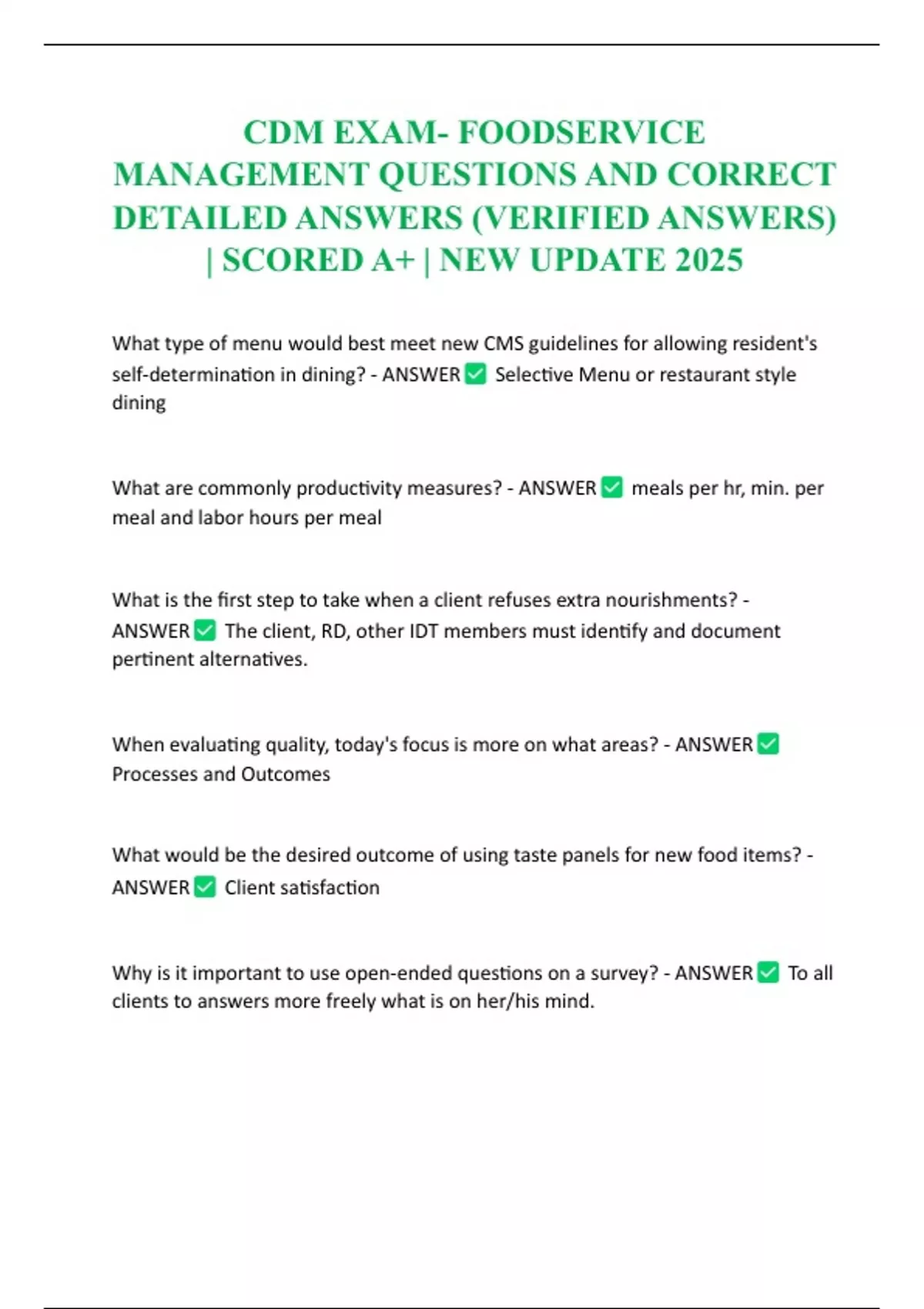 CDM EXAM- FOODSERVICE MANAGEMENT QUESTIONS AND CORRECT DETAILED ANSWERS ...