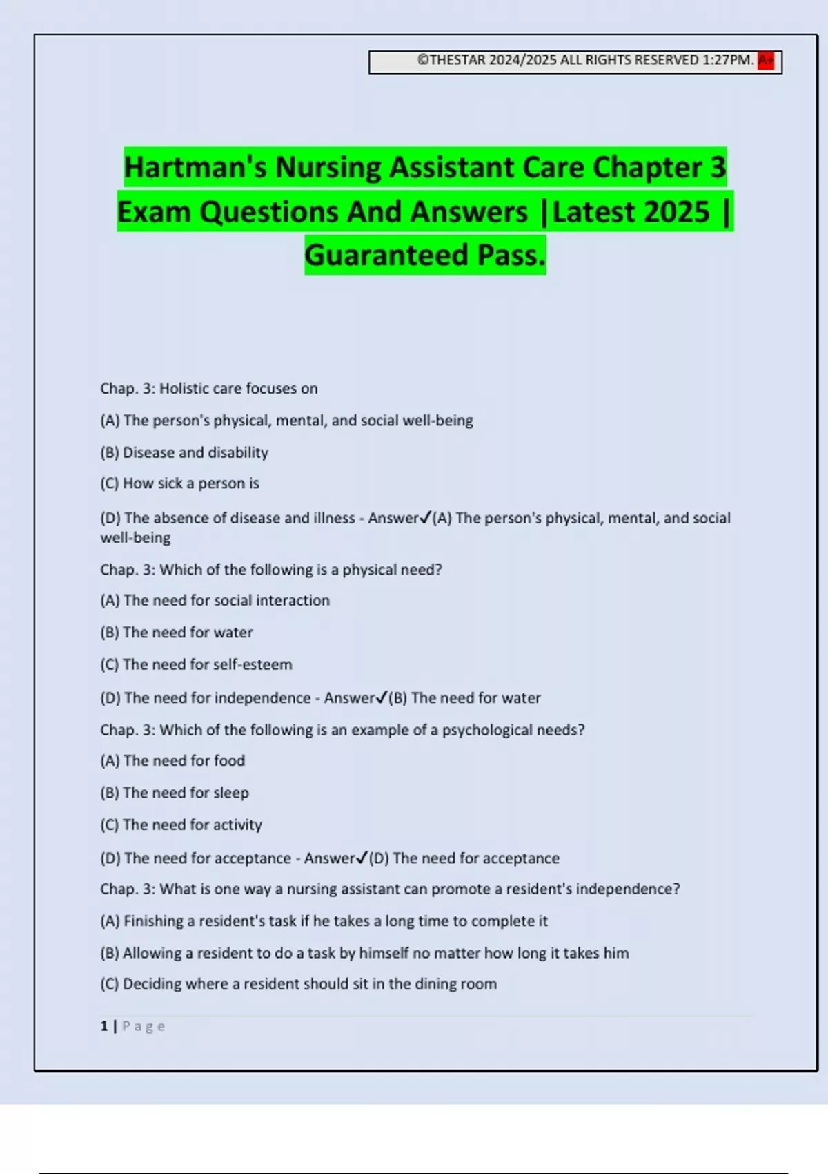 Hartman's Nursing Assistant Care Chapter 3 Exam Questions And Answers ...