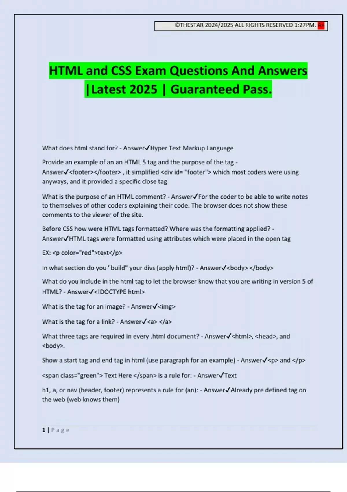 HTML and CSS Exam Questions And Answers |Latest 2025 | Guaranteed Pass ...