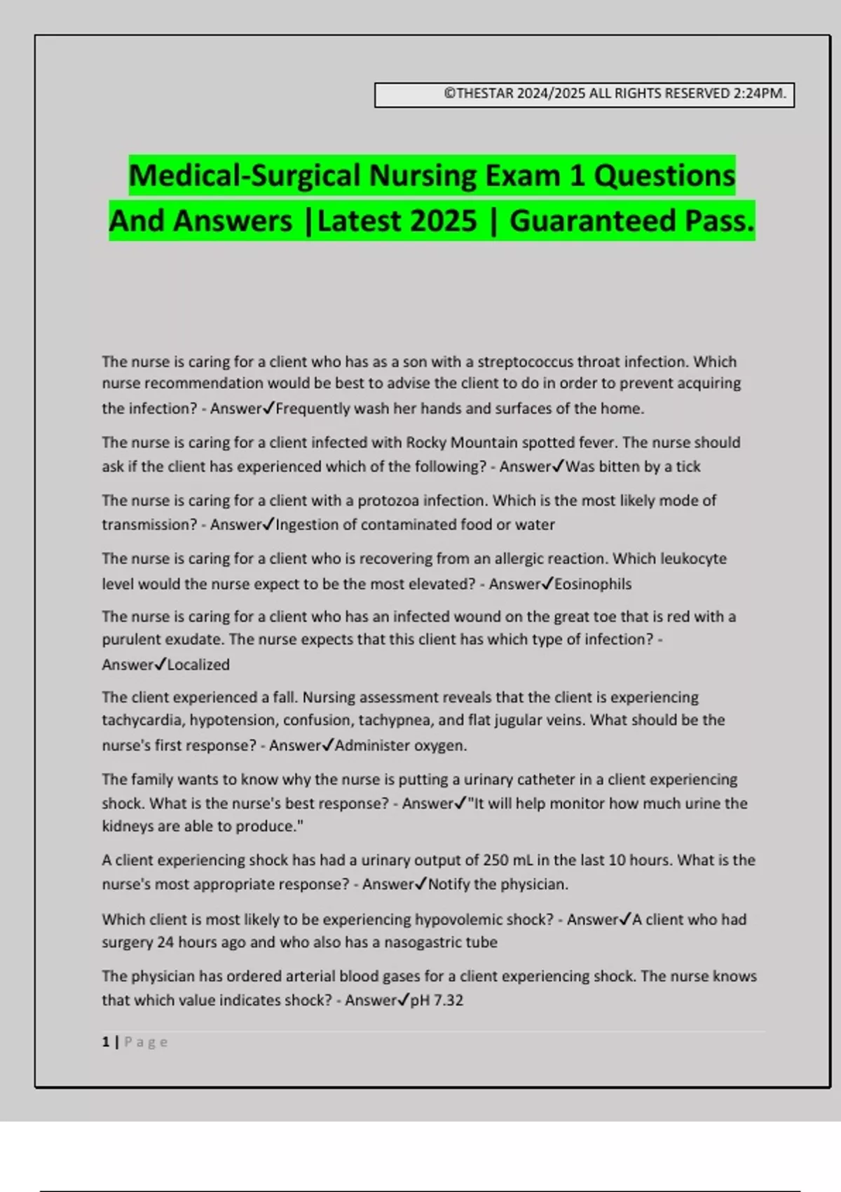 Medical-Surgical Nursing Exam 1 Questions And Answers |Latest 2025 ...