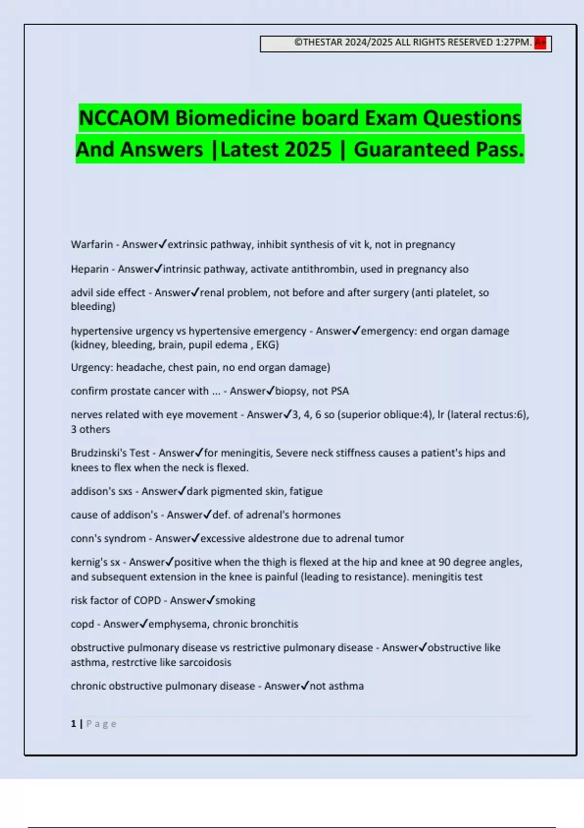 NCCAOM Biomedicine board Exam Questions And Answers |Latest 2025 ...