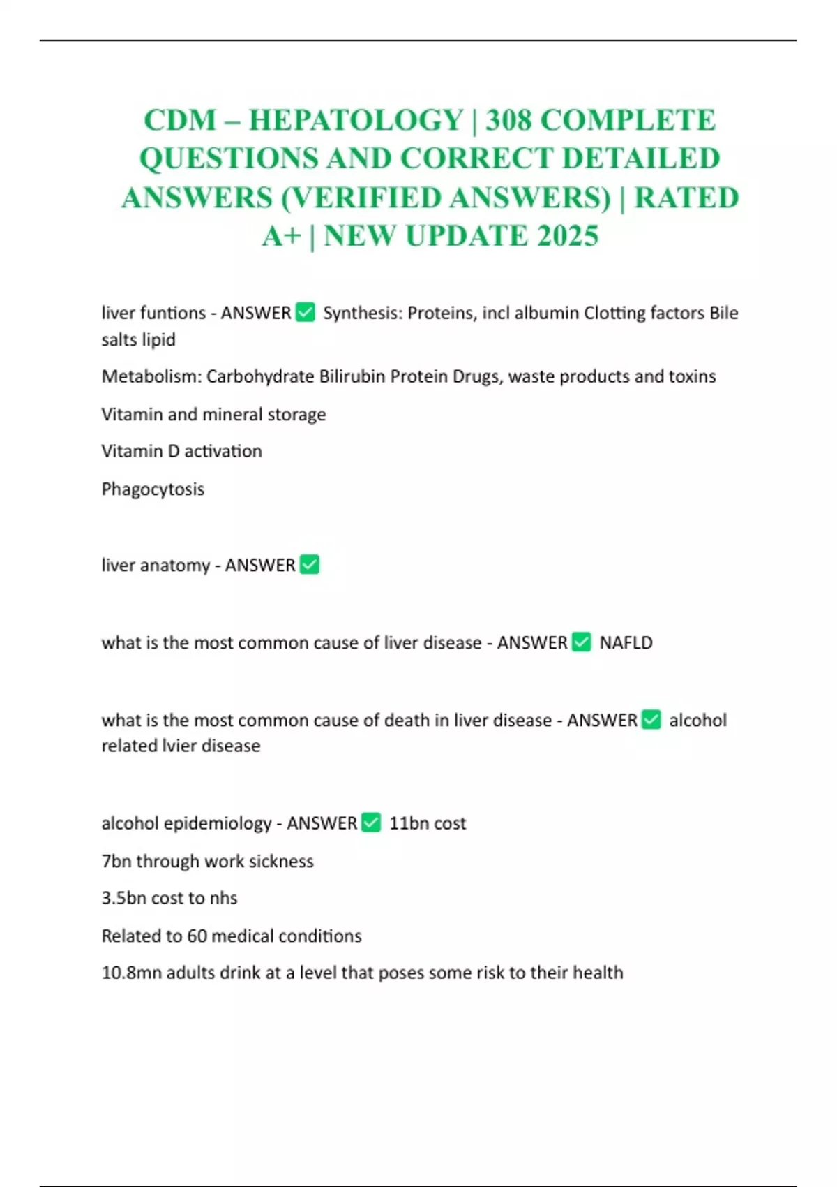 CDM – HEPATOLOGY | 308 COMPLETE QUESTIONS AND CORRECT DETAILED ANSWERS ...
