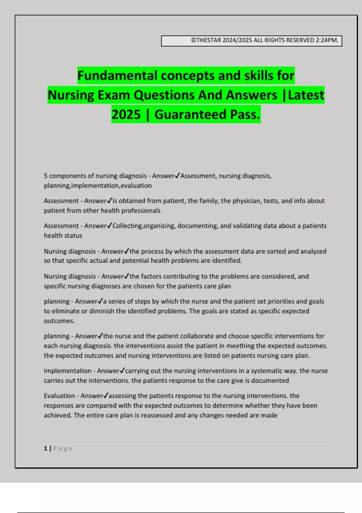 Fundamental concepts and skills for Nursing Exam Questions And Answers ...