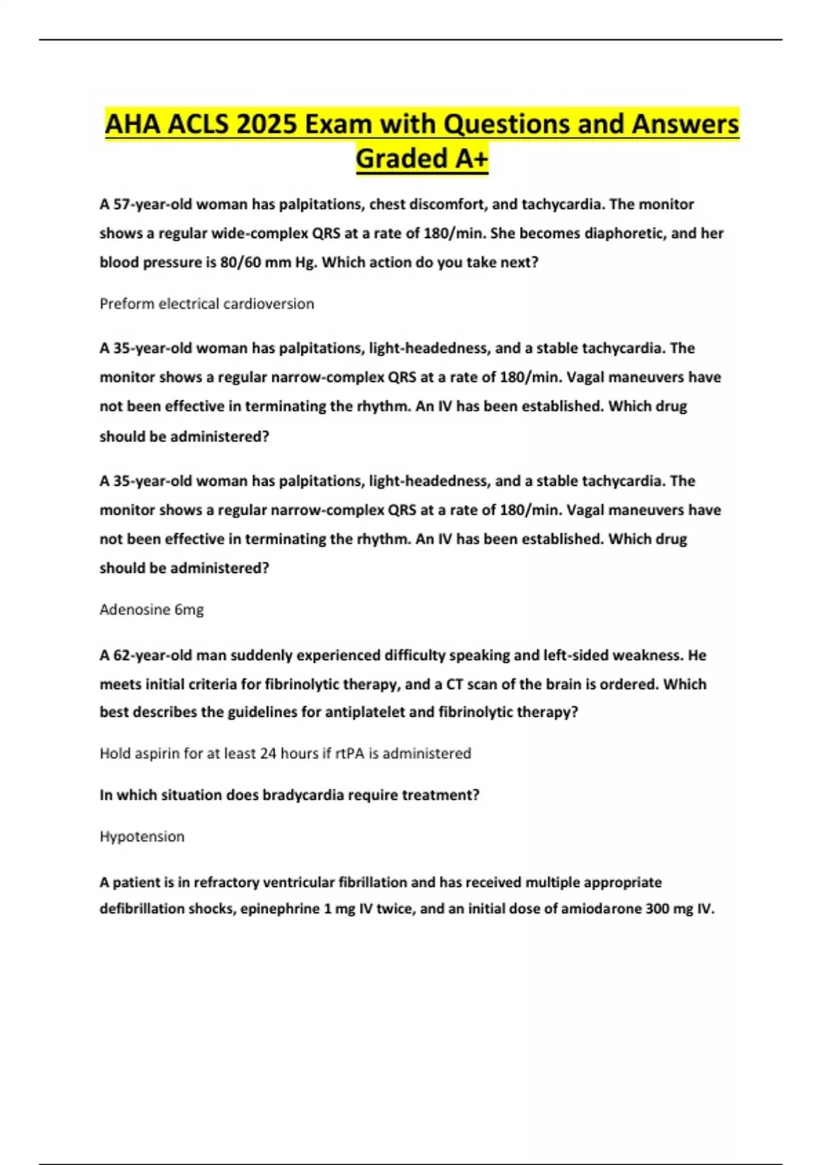 AHA ACLS 2025 Exam with Questions and Answers Graded A+ - AHA ACLS ...