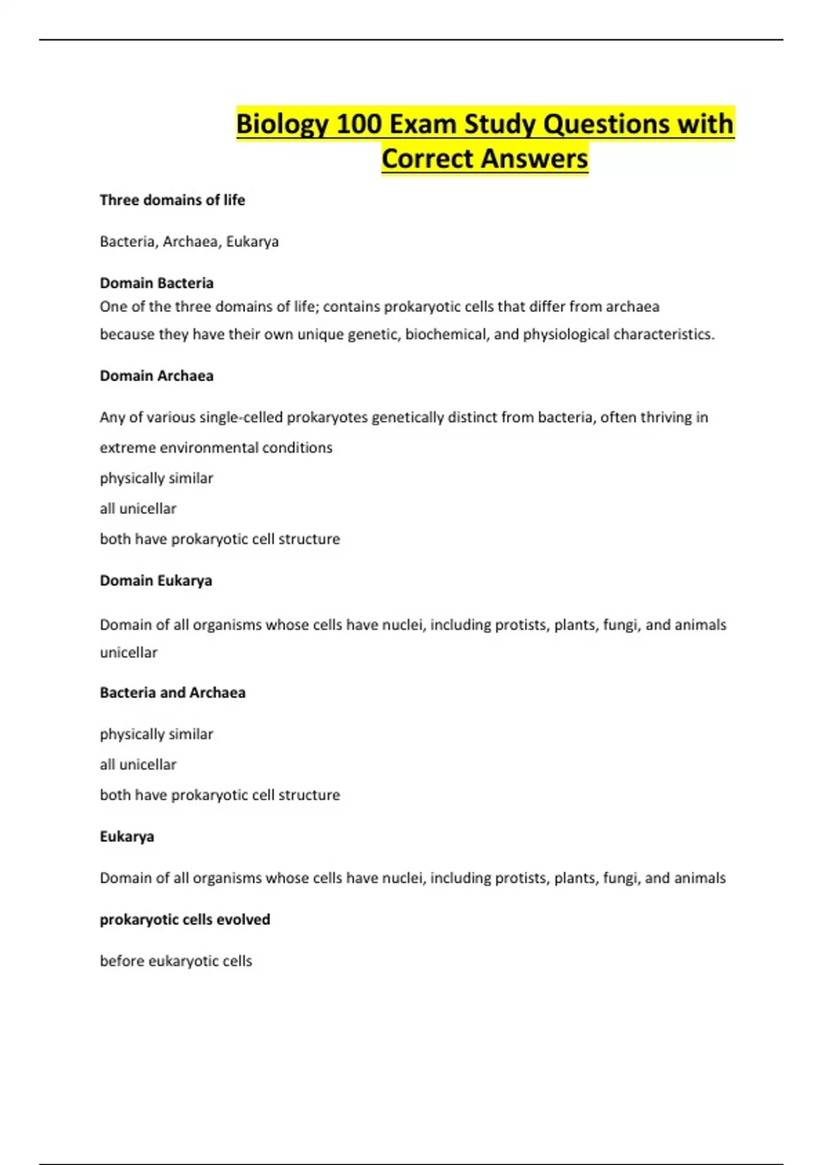 Biology 100 Exam Study Questions with Correct Answers - Biology 100 ...