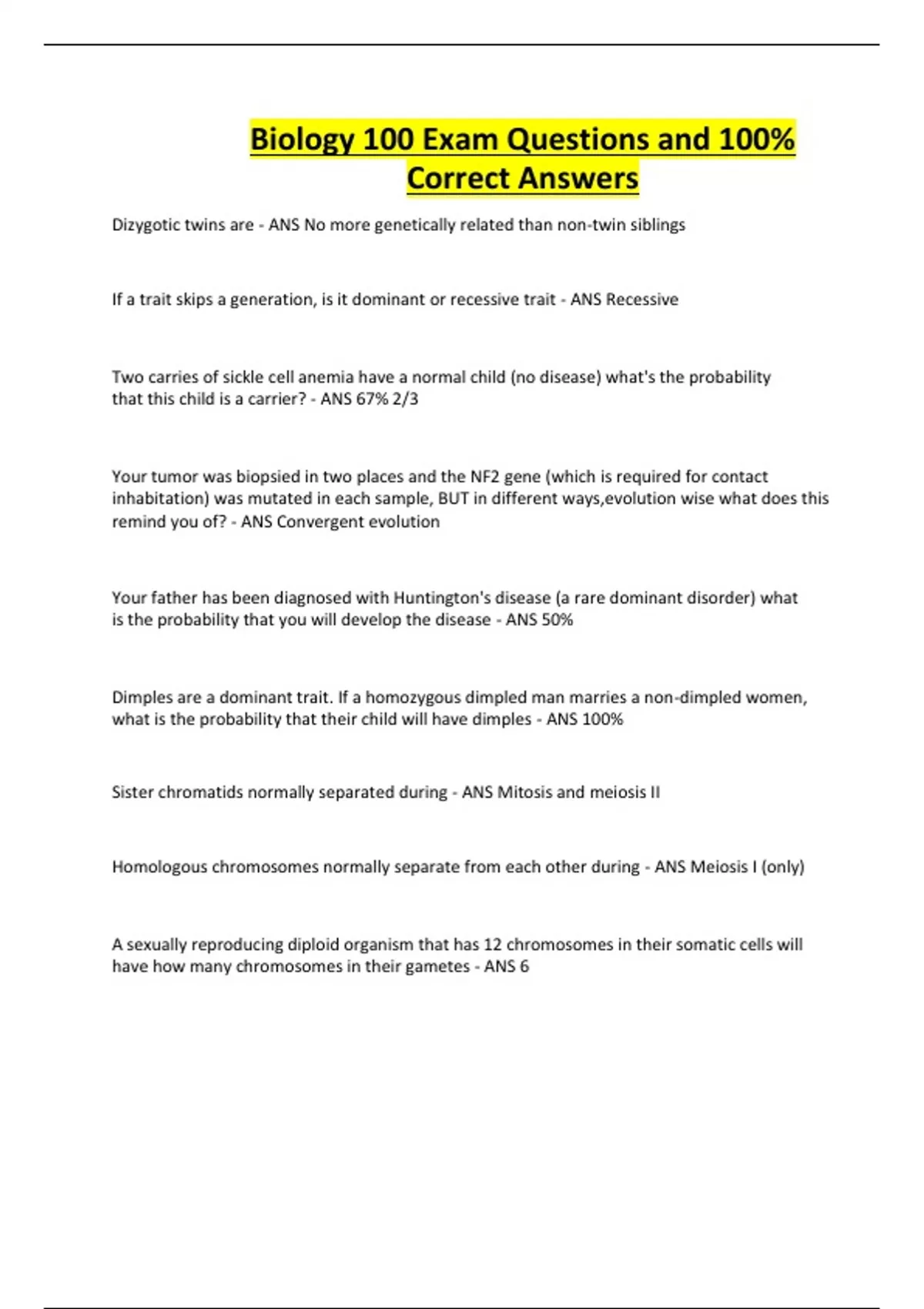 Biology 100 Exam Questions and 100% Correct Answers - Biology 100 ...
