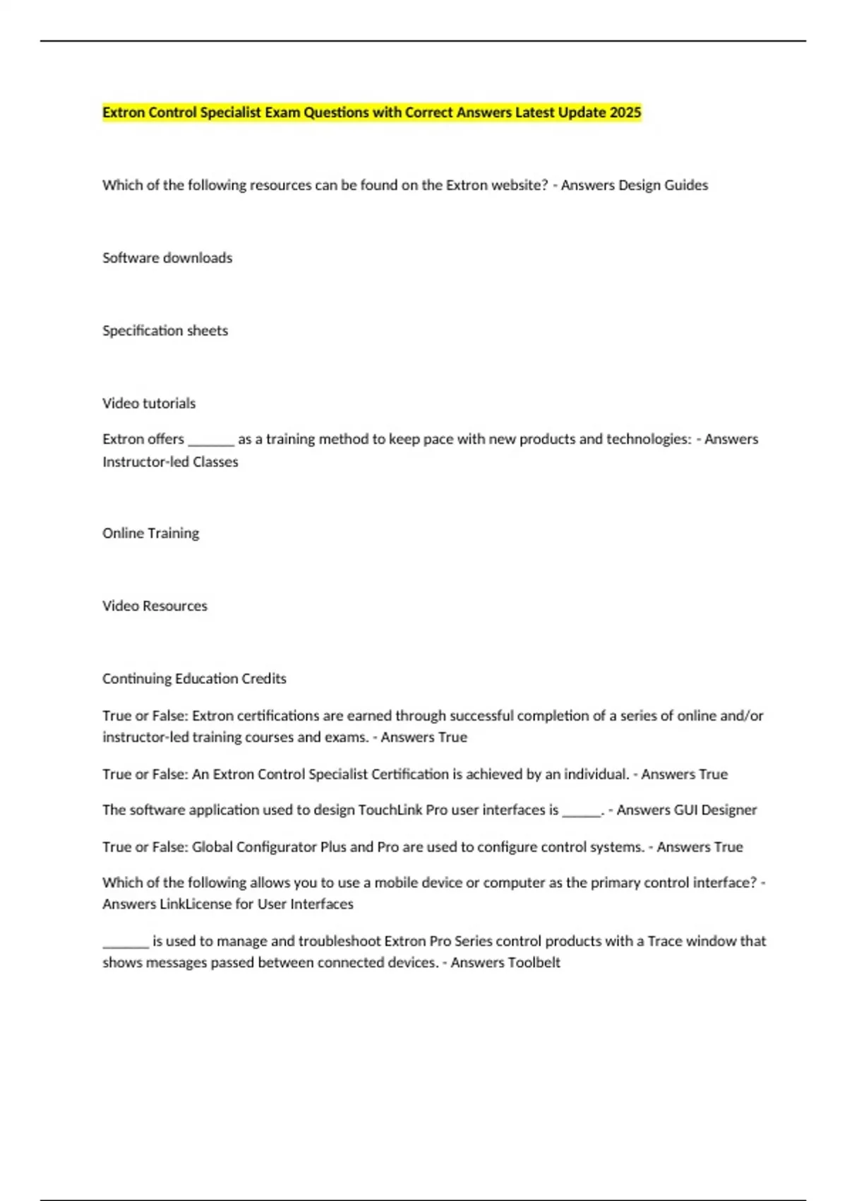 Extron Control Specialist Exam Questions with Correct Answers Latest ...