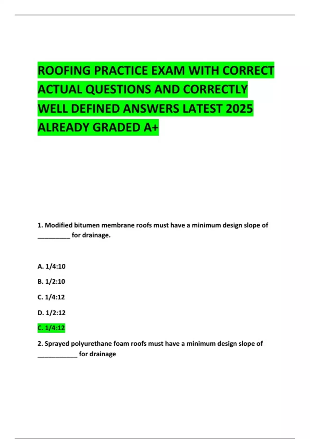 ROOFING PRACTICE EXAM WITH CORRECT ACTUAL QUESTIONS AND CORRECTLY WELL ...