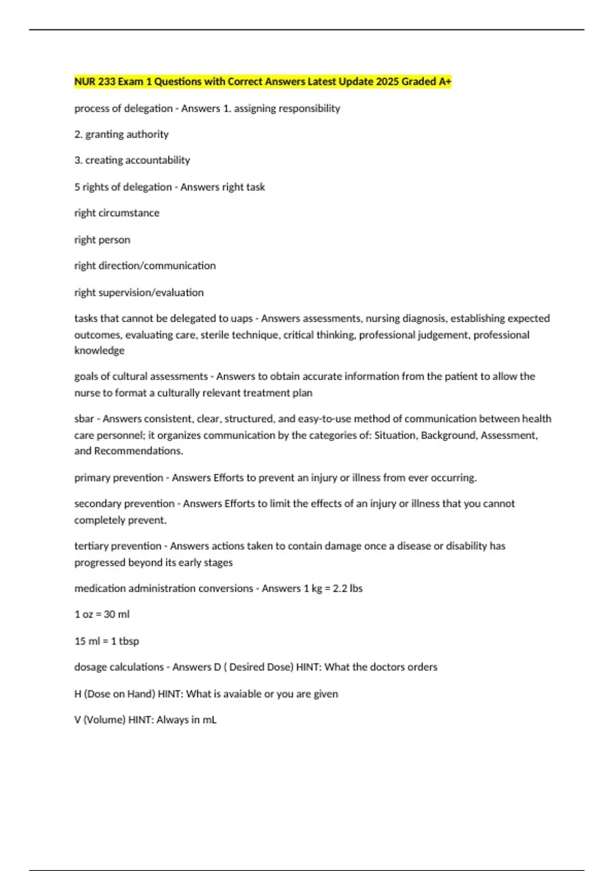 NUR 233 Bundled Exams 1-3 Questions and Answers Solved Correctly Latest ...