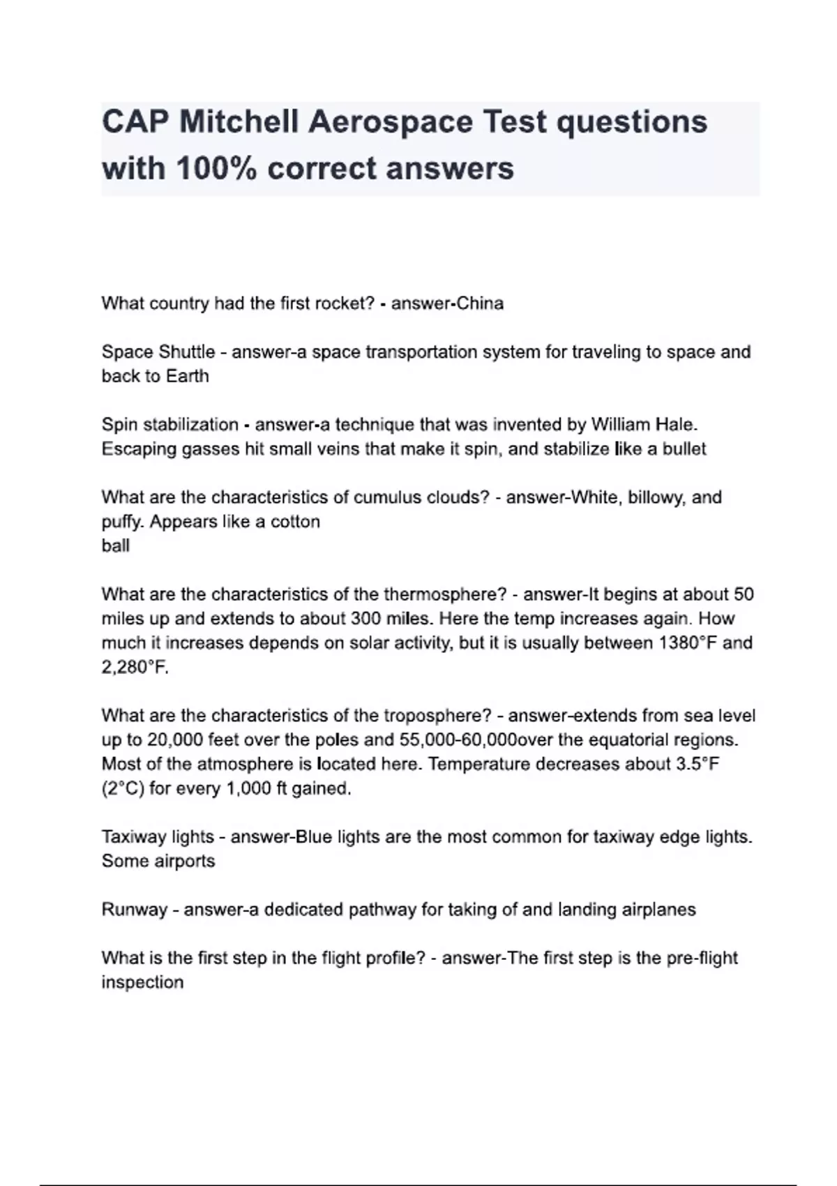 CAP Mitchell Aerospace Test questions with REVISED CORRECT DETAILED ...