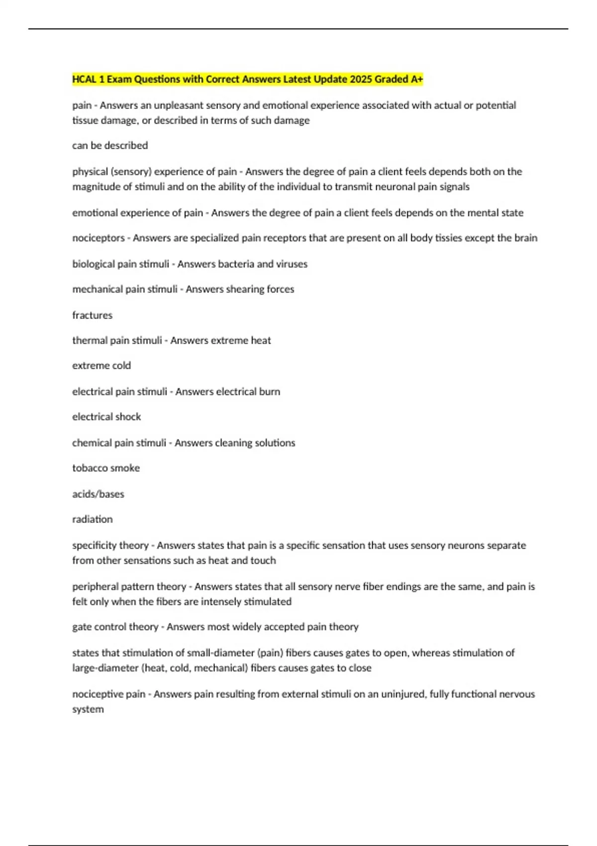 HCAL 1 Exam Questions with Correct Answers Latest Update 2025 Graded A+ ...