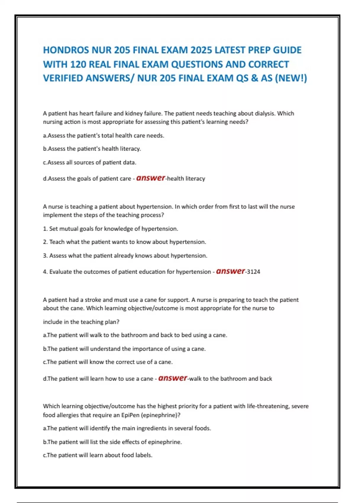 HONDROS NUR 205 FINAL EXAM 2025 LATEST PREP GUIDE WITH 120 REAL FINAL