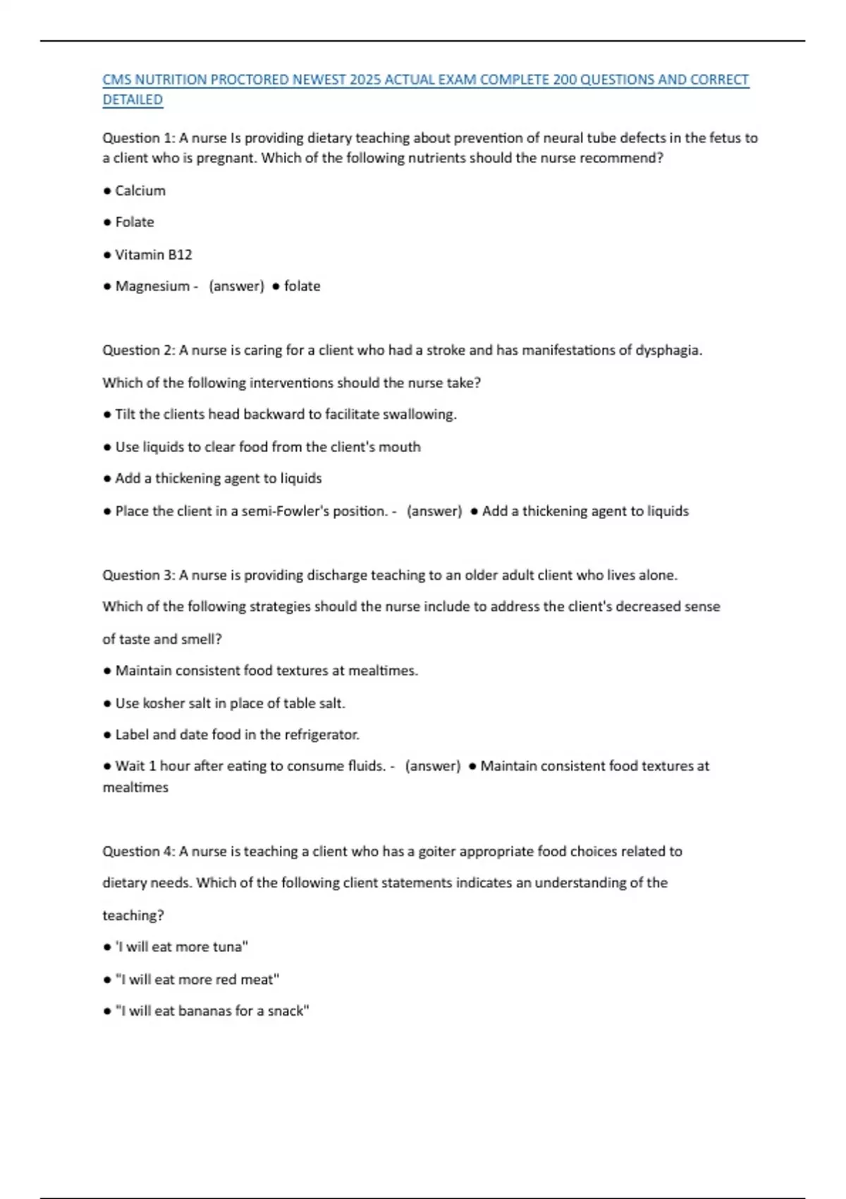 CMS NUTRITION PROCTORED NEWEST 2025 ACTUAL EXAM COMPLETE 200 QUESTIONS ...