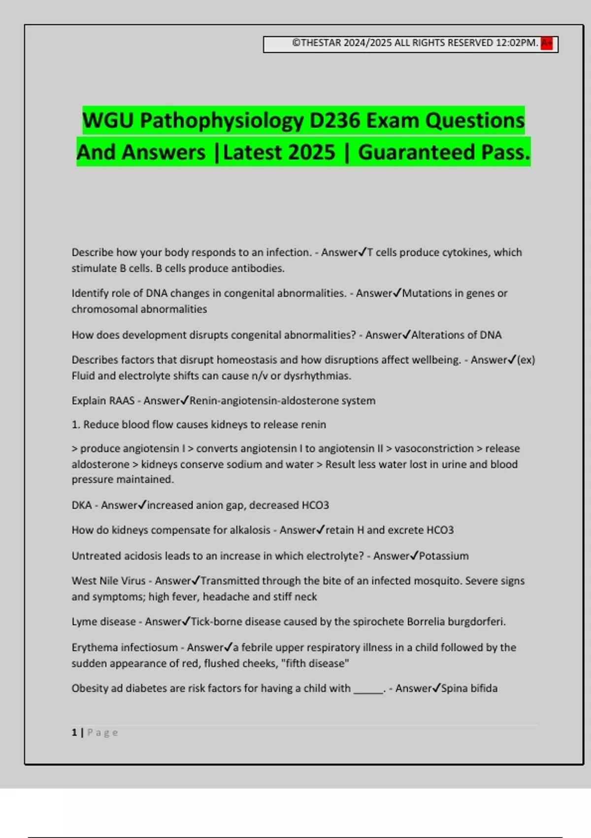 WGU Pathophysiology D236 Exam Questions And Answers |Latest 2025 ...