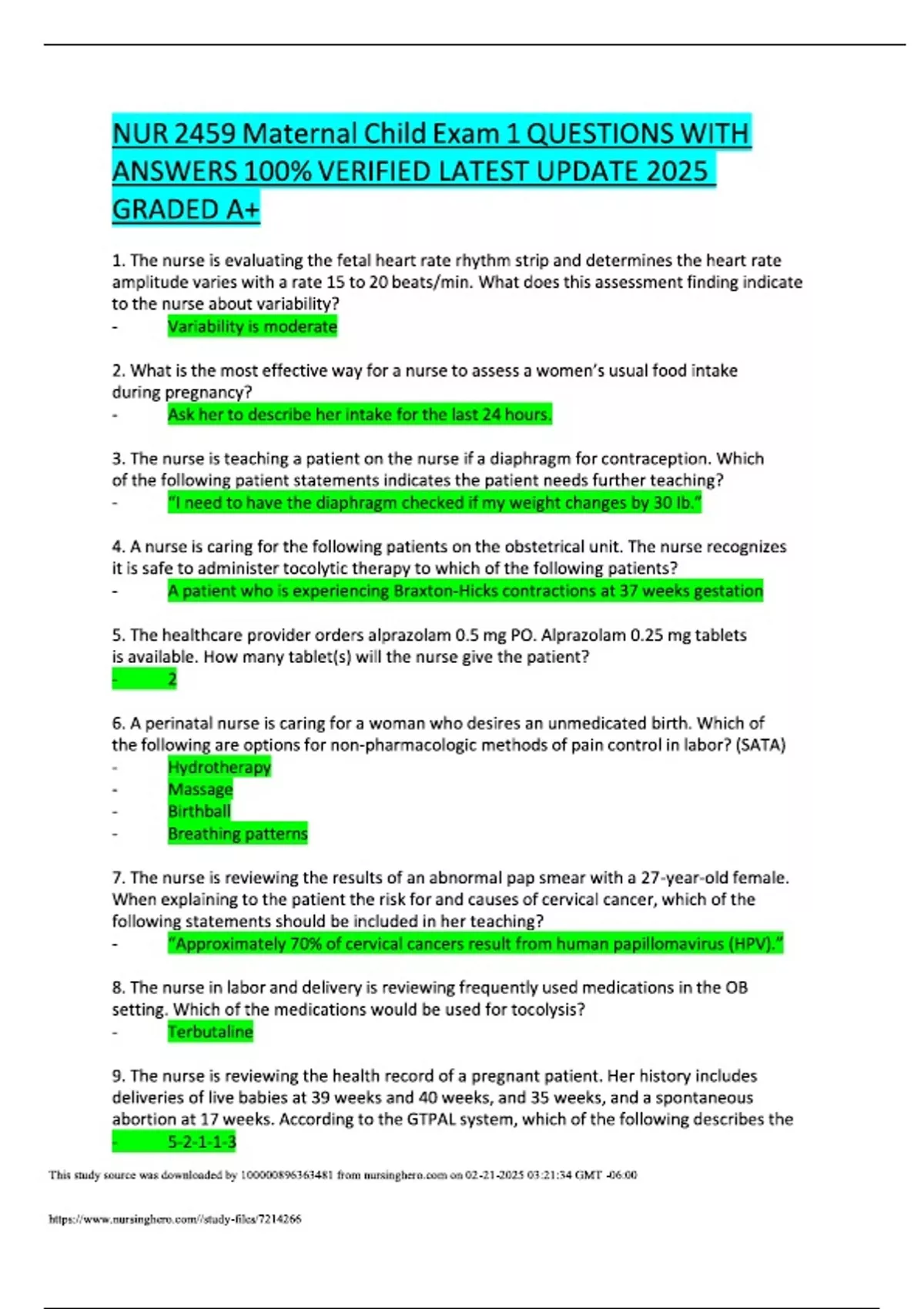NUR 2459 Maternal Child Exam 1QUESTIONS WITH ANSWERS 100% VERIFIED ...
