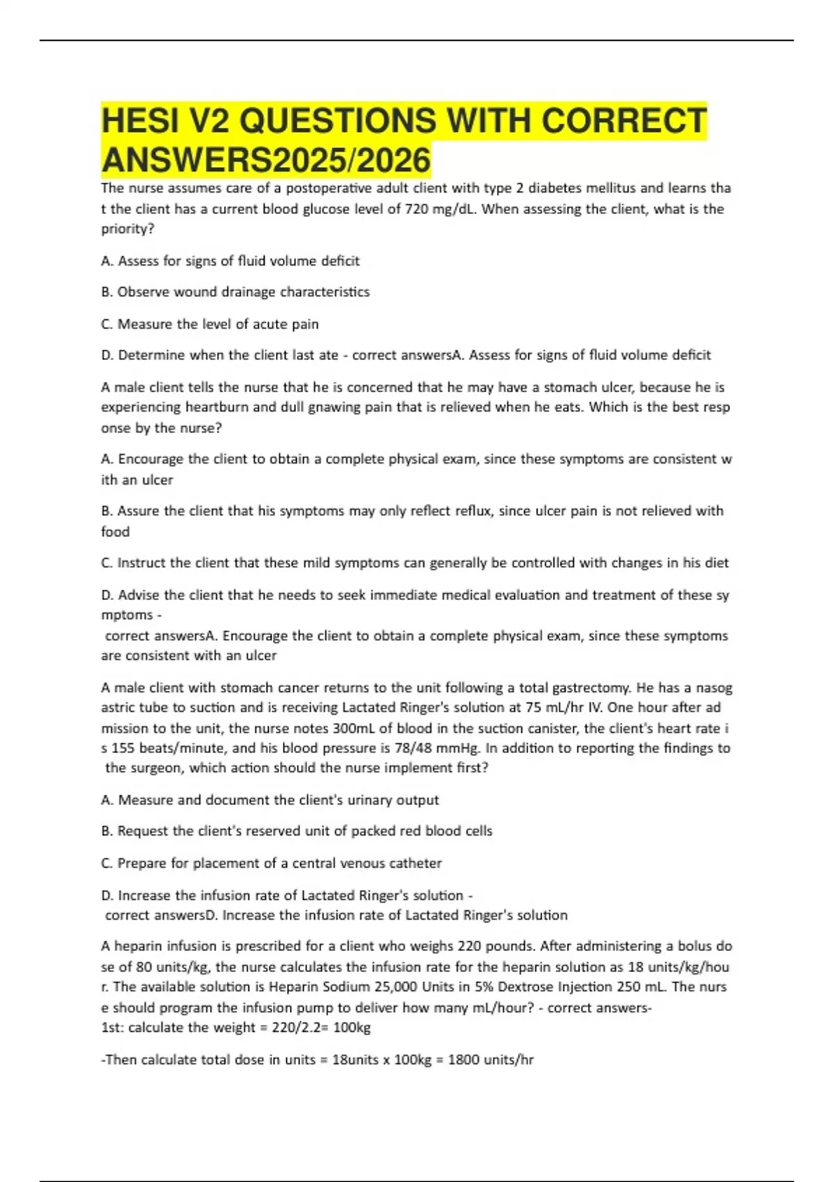 HESI V2 QUESTIONS WITH CORRECT ANSWERS2025 25 - HESI V2 - Stuvia US