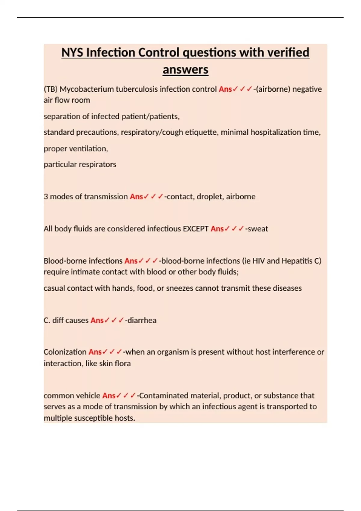 Questions Infection Control NYS Infection Control questions with verified answer1. - Appearance ...