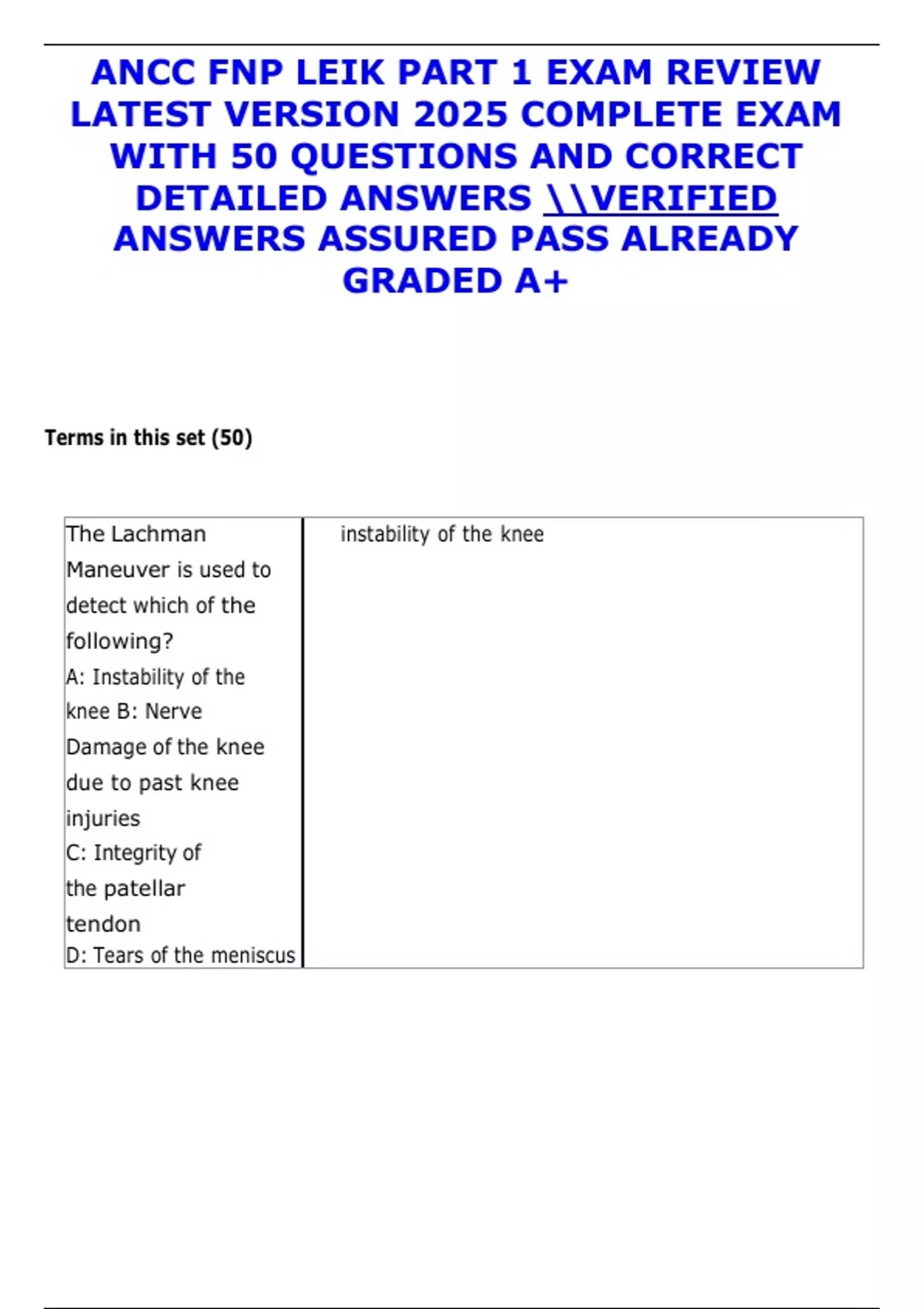 ANCC FNP LEIK PART 1 EXAM REVIEW LATEST VERSION 2025 COMPLETE EXAM WITH ...