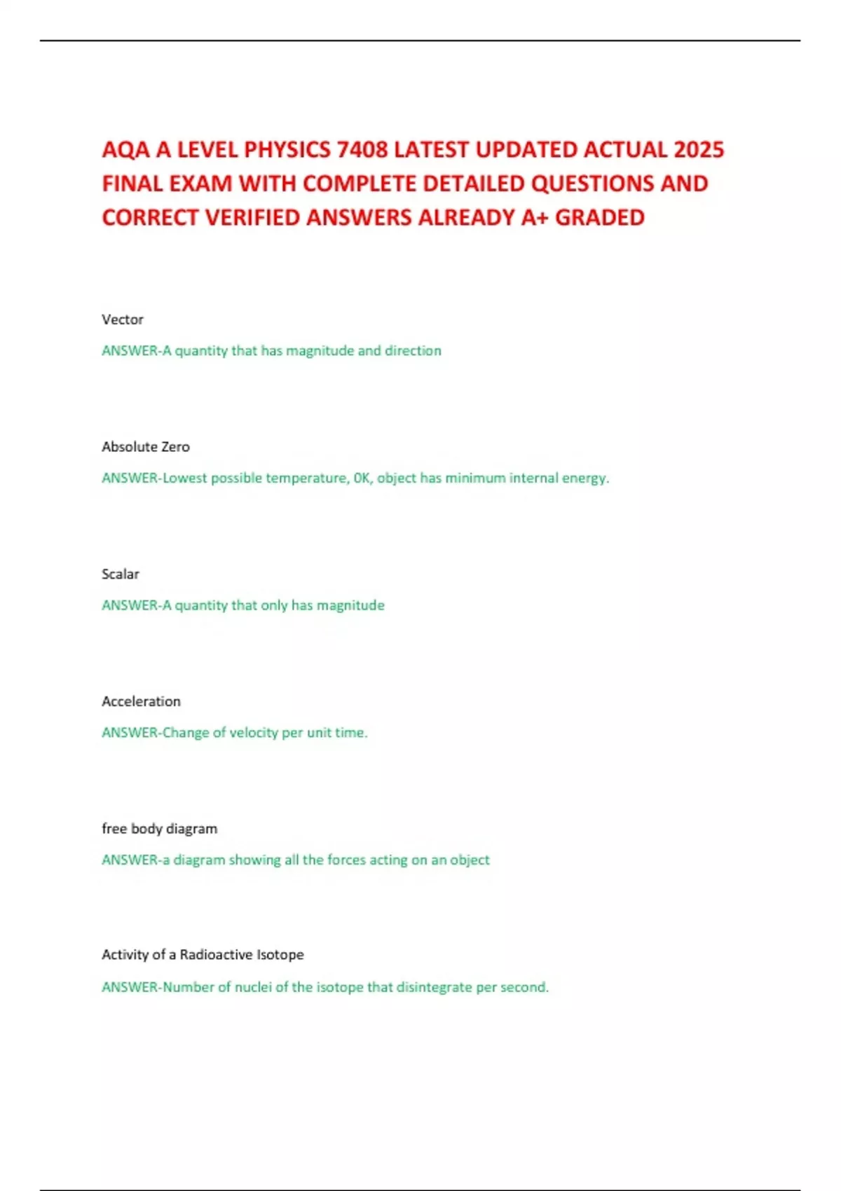 AQA A LEVEL PHYSICS 7408 LATEST UPDATED ACTUAL 2025 FINAL EXAM WITH ...