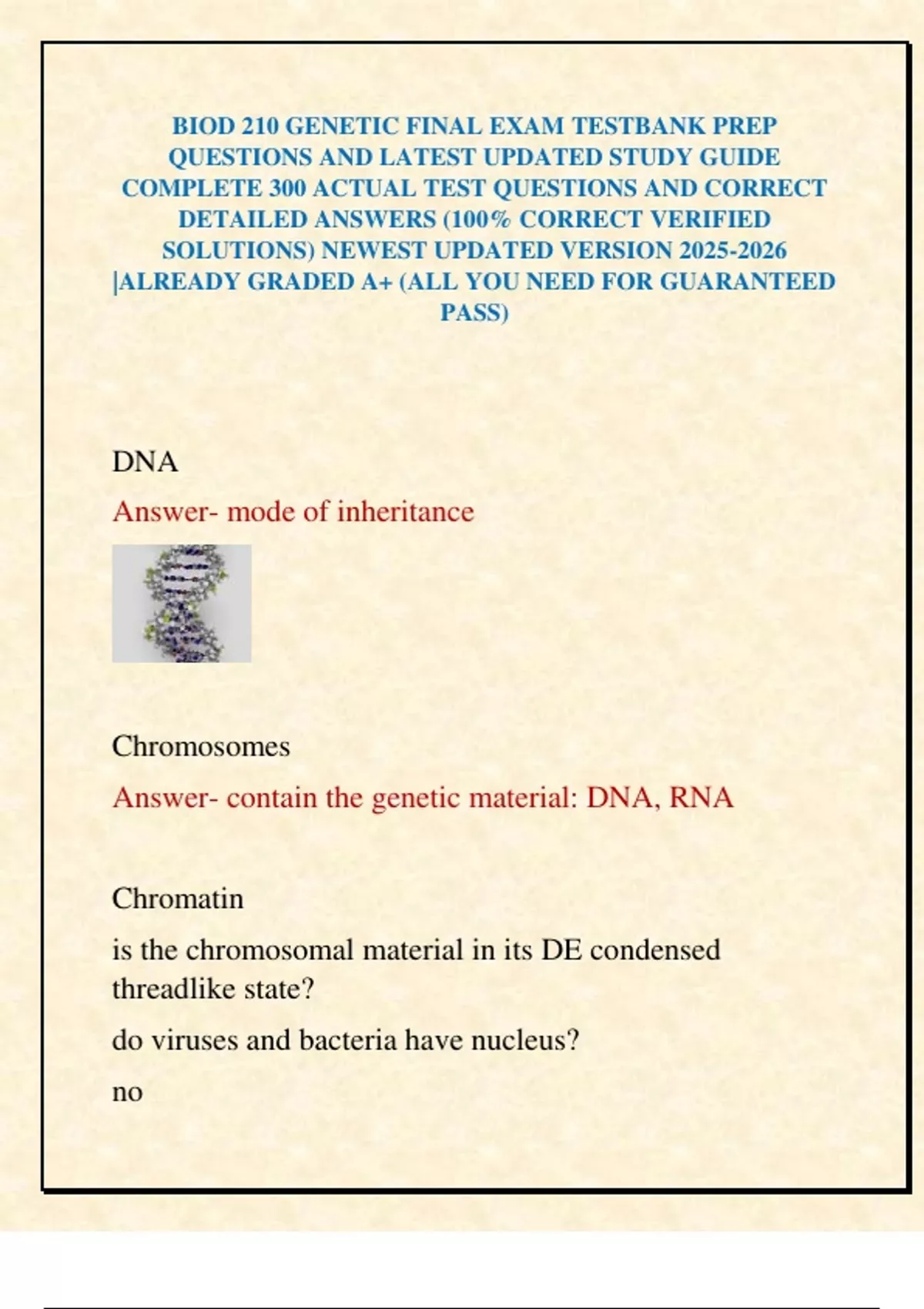 BIOD 210 GENETIC FINAL EXAM TESTBANK PREP QUESTIONS AND LATEST UPDATED ...