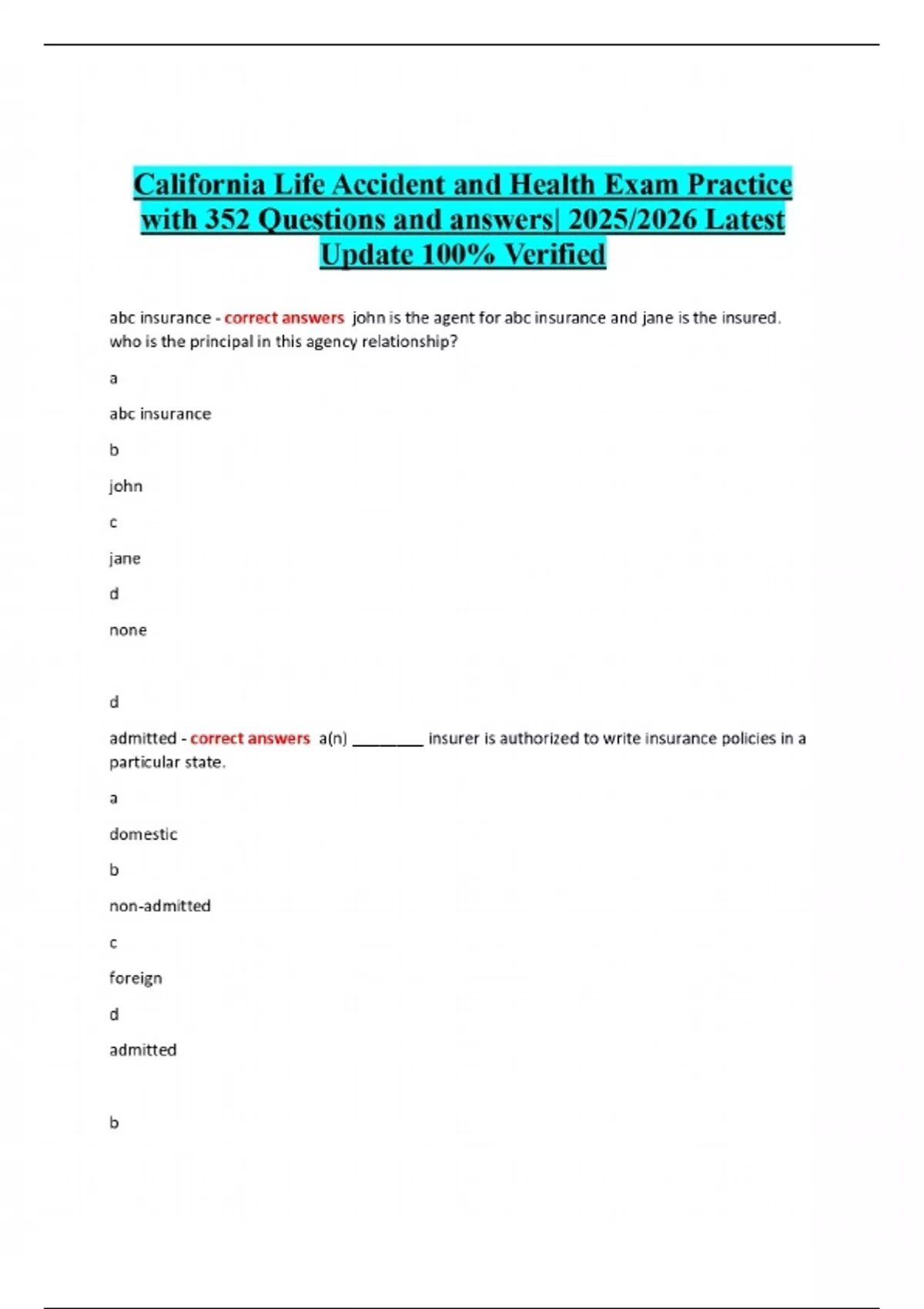 California Life Accident and Health Exam Practice with 352 Questions and answers| 2025/2026 ...